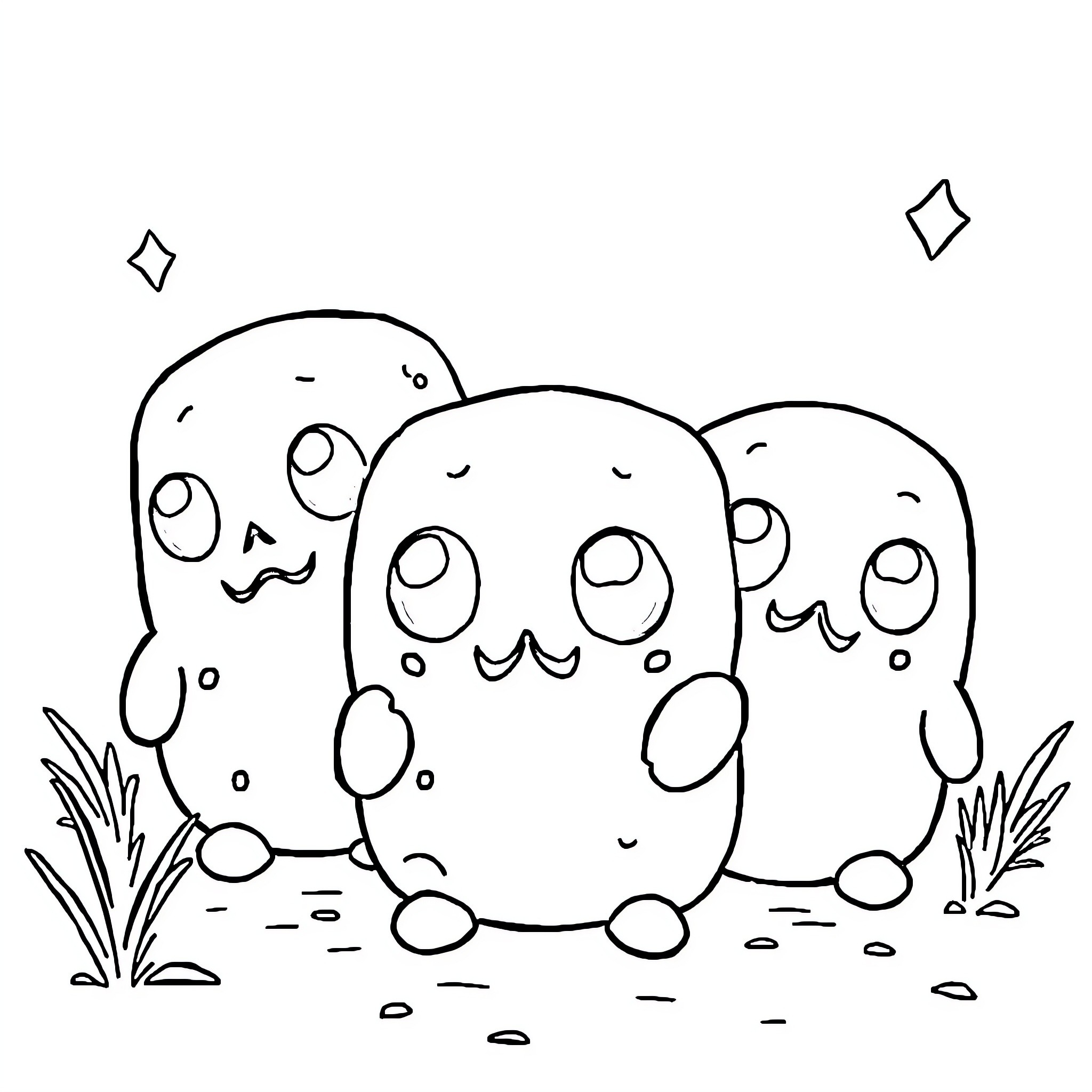Zombie Squishmallow characters in a playful scene Coloring Page (free black-and-white line drawing printable PDF for all, from beginners to advanced learners, including children, teens, adults, and seniors)