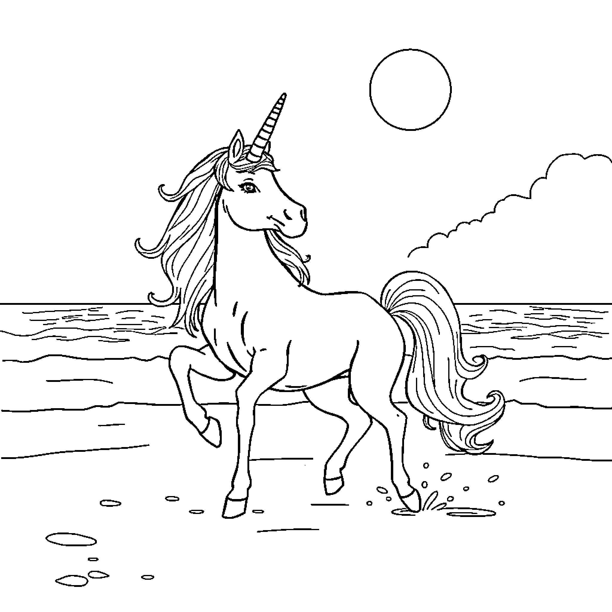 Unicorn trotting happily by the sea Coloring Page (free black-and-white line drawing printable PDF for all, from beginners to advanced learners, including children, teens, adults, and seniors)