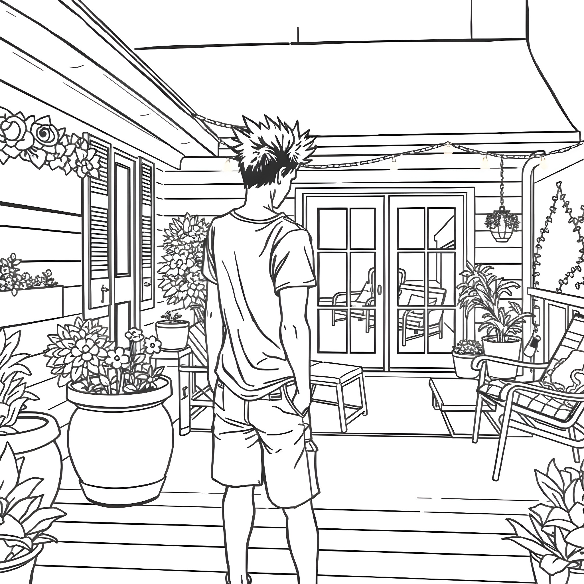 Teen Guy staring outside the cozy countryside home Coloring Page (free black-and-white line drawing printable PDF for all, from beginners to advanced learners, including children, teens, adults, and seniors)