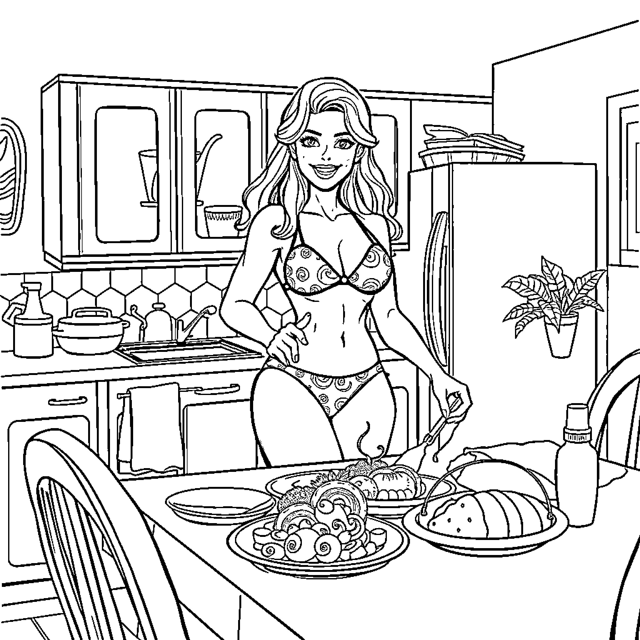 Housewife serving a hearty meal in the kitchen Coloring Page (free black-and-white line drawing printable PDF for all, from beginners to advanced learners, including children, teens, adults, and seniors)