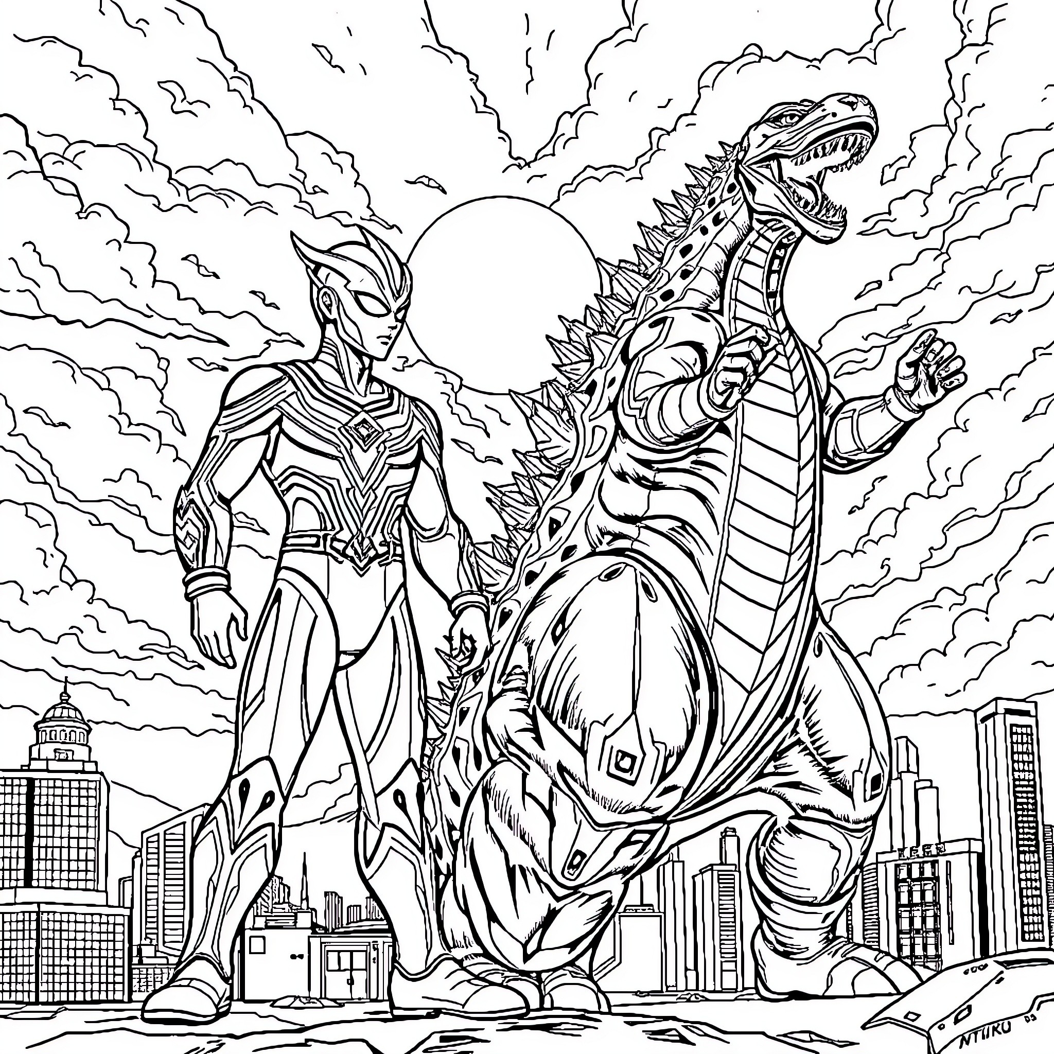 Ultraman battles a colossal monster in the city Coloring Page (free black-and-white line drawing printable PDF for all, from beginners to advanced learners, including children, teens, adults, and seniors)