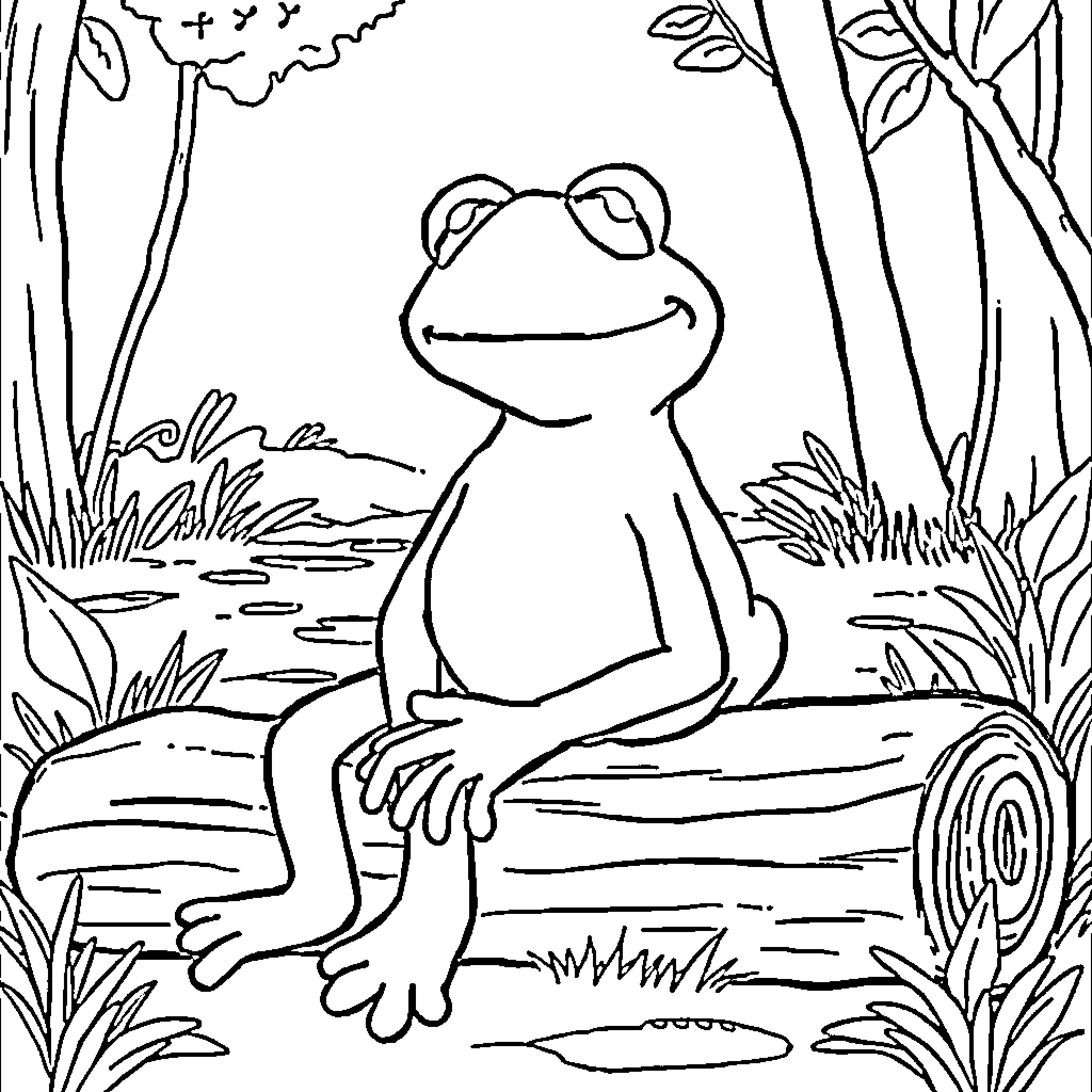 Kermit the Frog relaxing in the tranquil pond Coloring Page (free black-and-white line drawing printable PDF for all, from beginners to advanced learners, including children, teens, adults, and seniors)