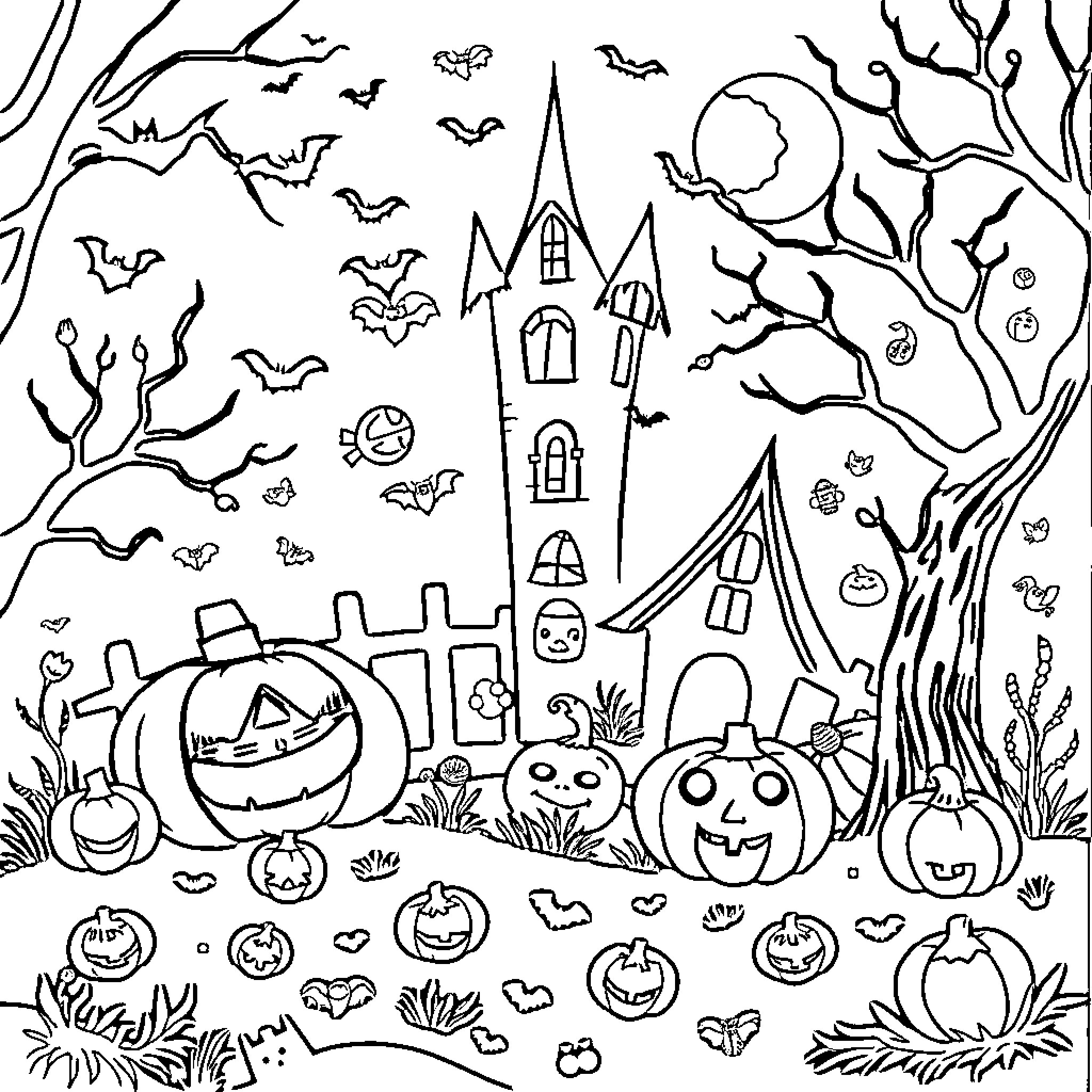 Halloween spooky scene with haunted house, pumpkins, and bats Coloring Page (free black-and-white line drawing printable PDF for all, from beginners to advanced learners, including children, teens, adults, and seniors)