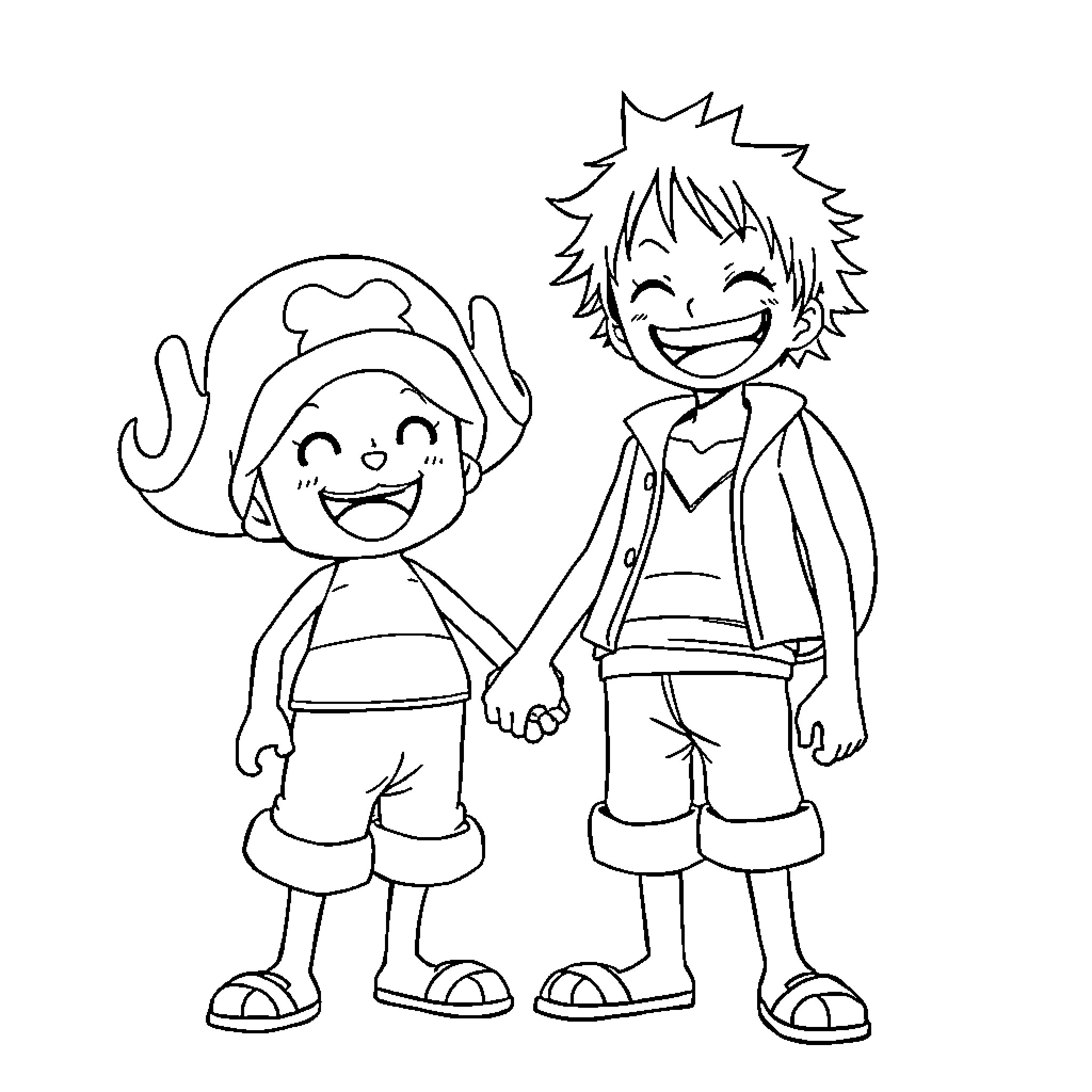 Luffy and His Cheerful Companion Coloring Page (free black-and-white line drawing printable PDF for all, from beginners to advanced learners, including children, teens, adults, and seniors)