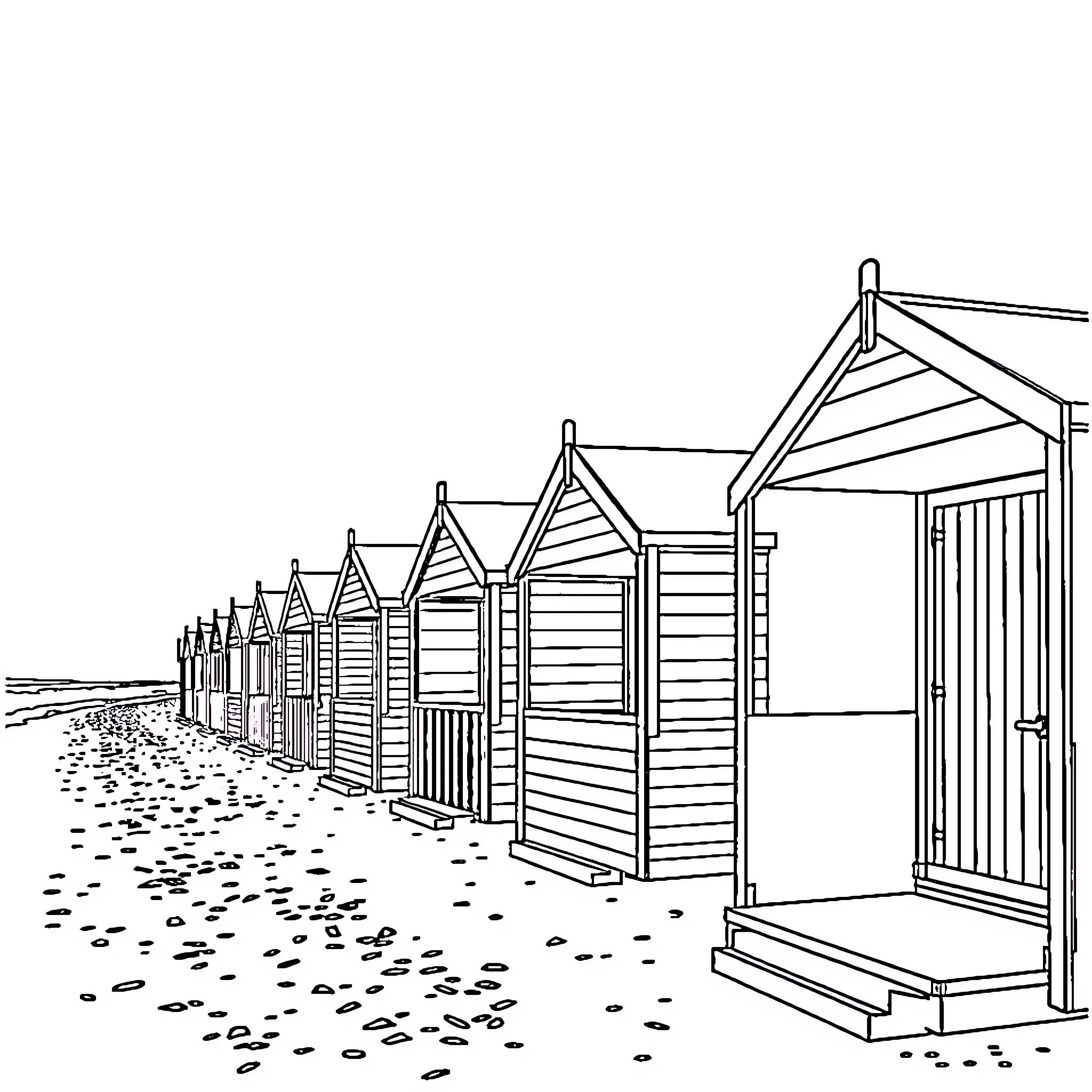 Beach Huts Lined Up on the Shore Coloring Page (free black-and-white line drawing printable PDF for all, from beginners to advanced learners, including children, teens, adults, and seniors)