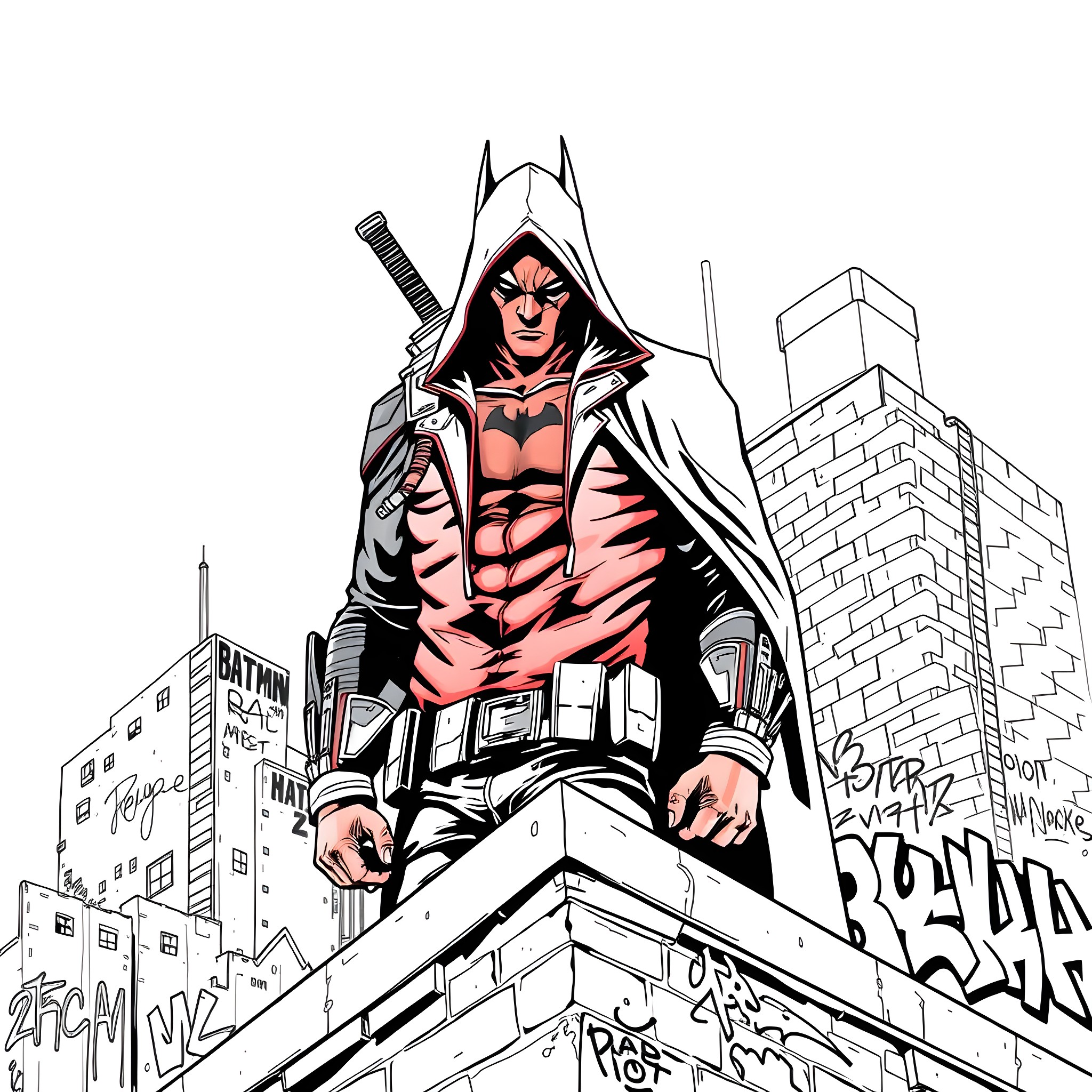 Red Hood prowling on a city rooftop Coloring Page (free black-and-white line drawing printable PDF for all, from beginners to advanced learners, including children, teens, adults, and seniors)