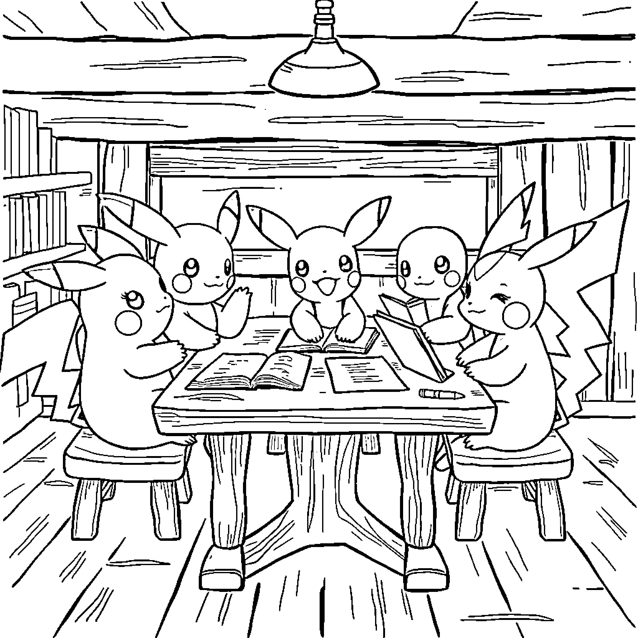 Pokémon studying together in a cozy setting Coloring Page (free black-and-white line drawing printable PDF for all, from beginners to advanced learners, including children, teens, adults, and seniors)