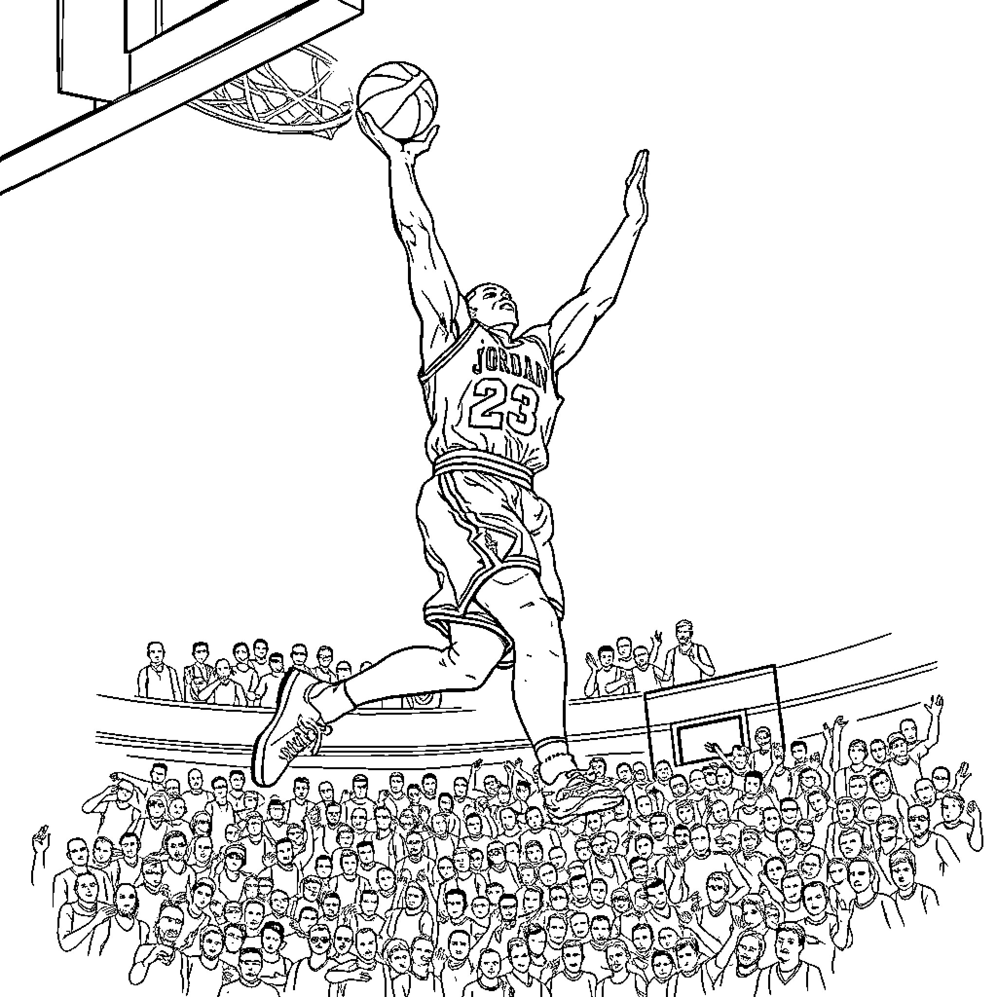 Michael Jordan dunking during a basketball game Coloring Page (free black-and-white line drawing printable PDF for all, from beginners to advanced learners, including children, teens, adults, and seniors)