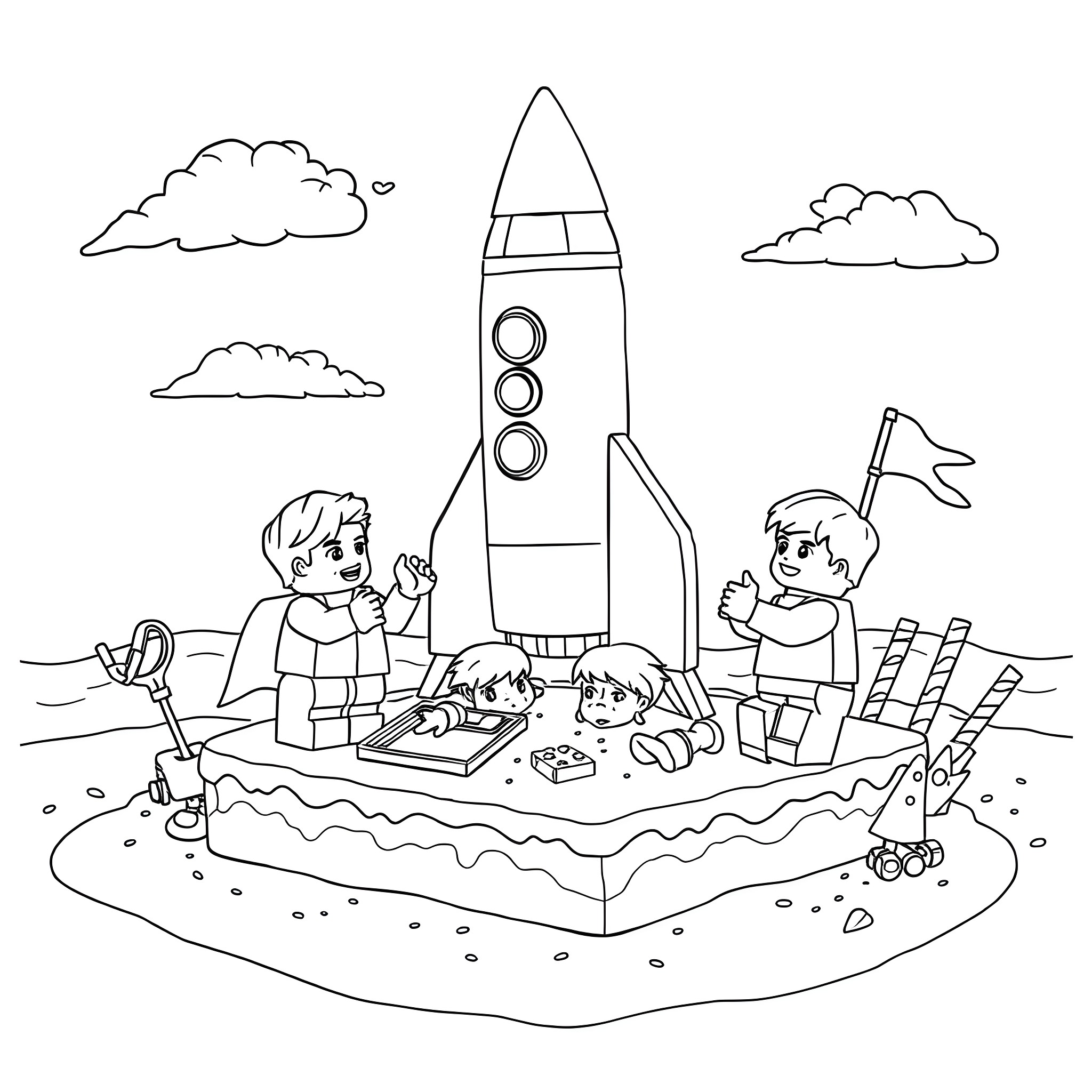 Lego People Playing with Rocket Ship and Camping Gear Coloring Page (free black-and-white line drawing printable PDF for all, from beginners to advanced learners, including children, teens, adults, and seniors)