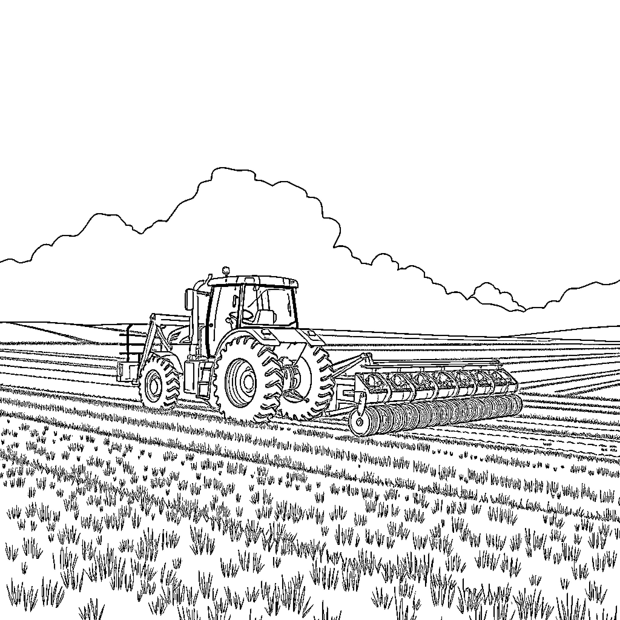 Tractor plowing through field under cloudy sky Coloring Page (free black-and-white line drawing printable PDF for all, from beginners to advanced learners, including children, teens, adults, and seniors)