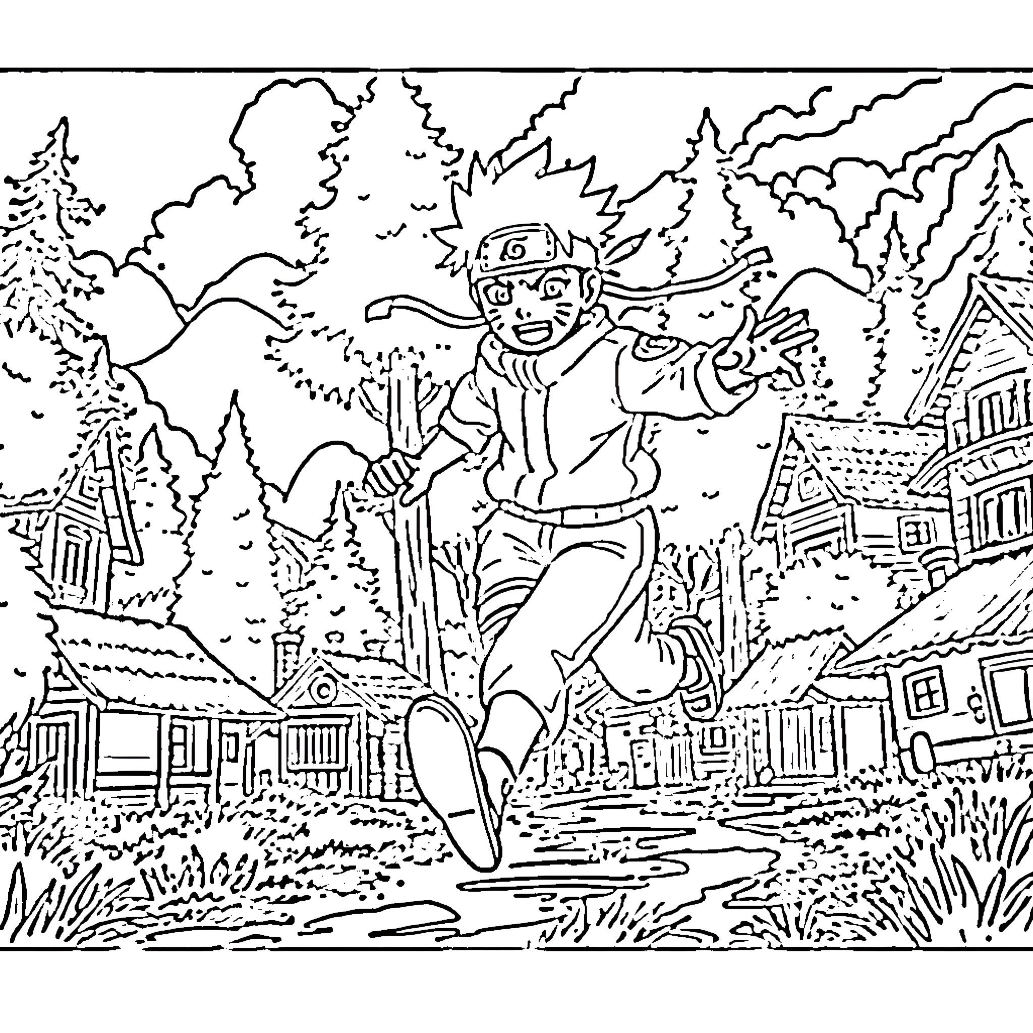 Naruto running through the village in action pose Coloring Page (free black-and-white line drawing printable PDF for all, from beginners to advanced learners, including children, teens, adults, and seniors)