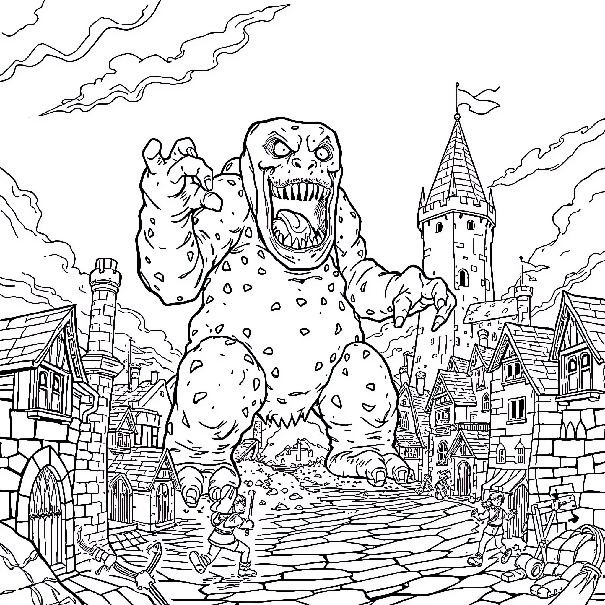 Marshmallow Monster Terrorizing a Fantasy Town Coloring Page (free black-and-white line drawing printable PDF for all, from beginners to advanced learners, including children, teens, adults, and seniors)