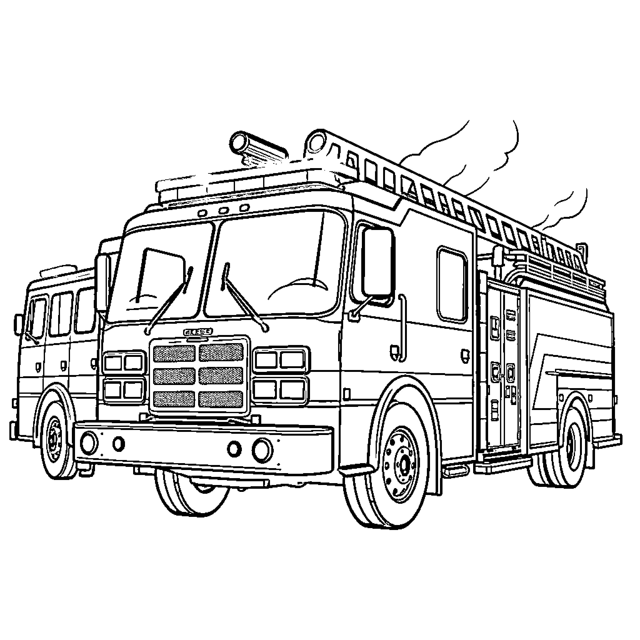 Fire Truck responding to emergency scene Coloring Page (free black-and-white line drawing printable PDF for all, from beginners to advanced learners, including children, teens, adults, and seniors)