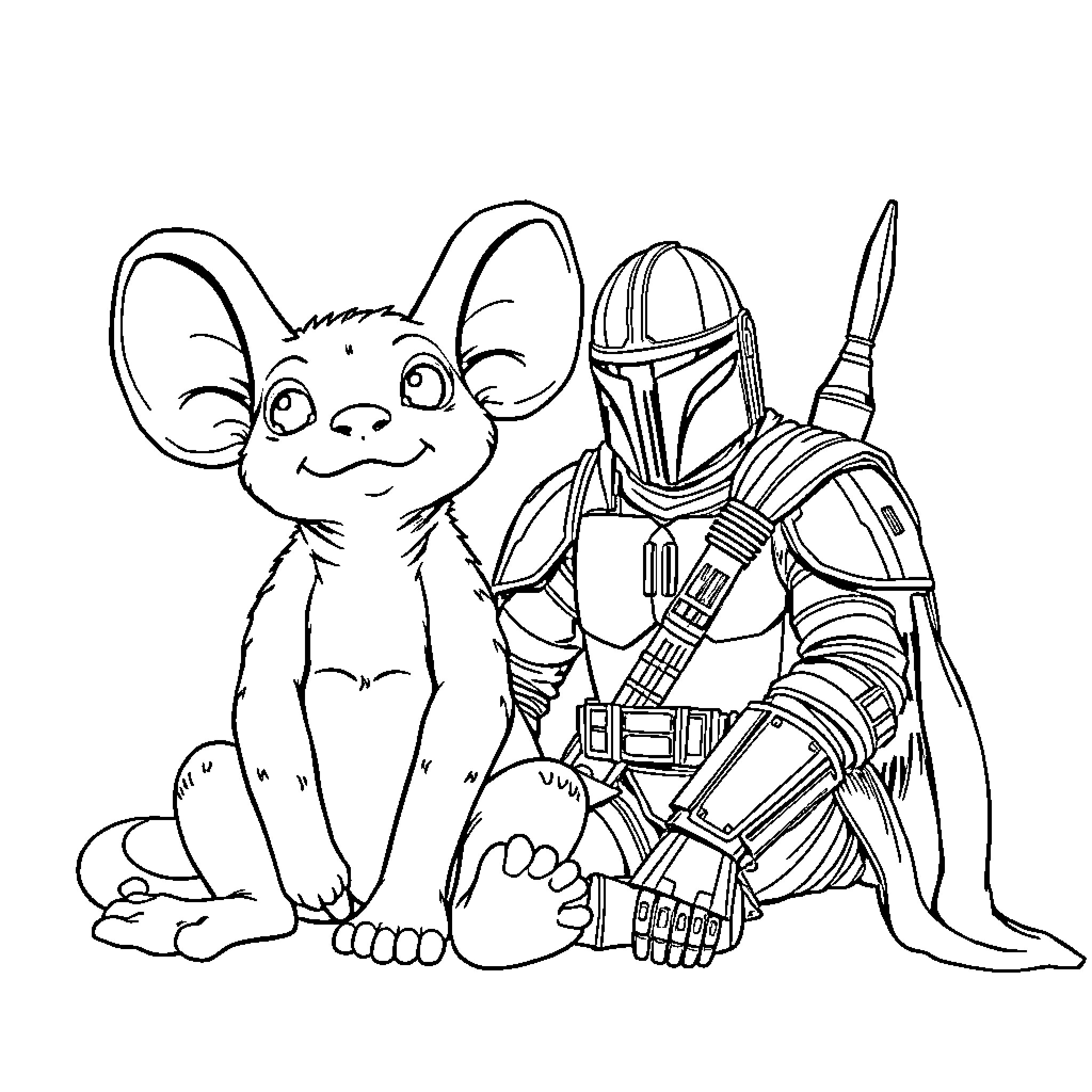 Grogu and the Mandalorian warrior Coloring Page (free black-and-white line drawing printable PDF for all, from beginners to advanced learners, including children, teens, adults, and seniors)