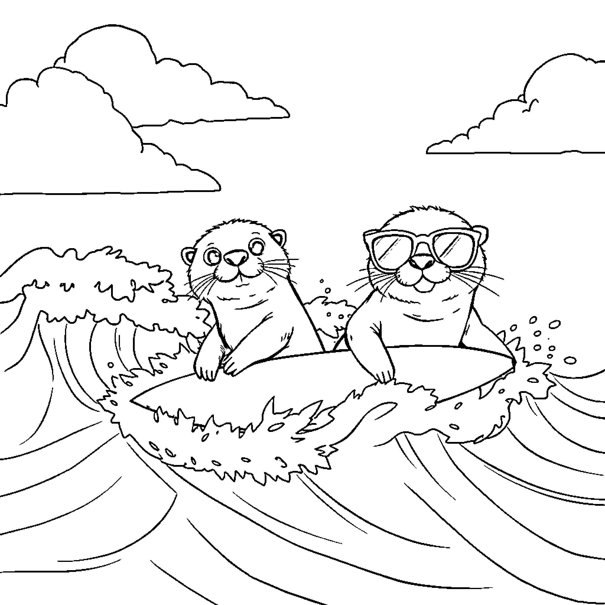 Otters relaxing on the waves Coloring Page (free black-and-white line drawing printable PDF for all, from beginners to advanced learners, including children, teens, adults, and seniors)