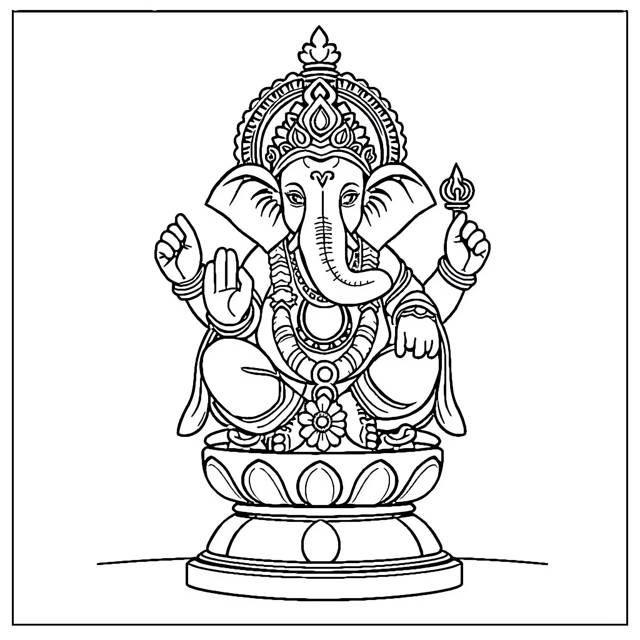 Ganpati seated in ornate posture with raised hands Coloring Page (free black-and-white line drawing printable PDF for all, from beginners to advanced learners, including children, teens, adults, and seniors)