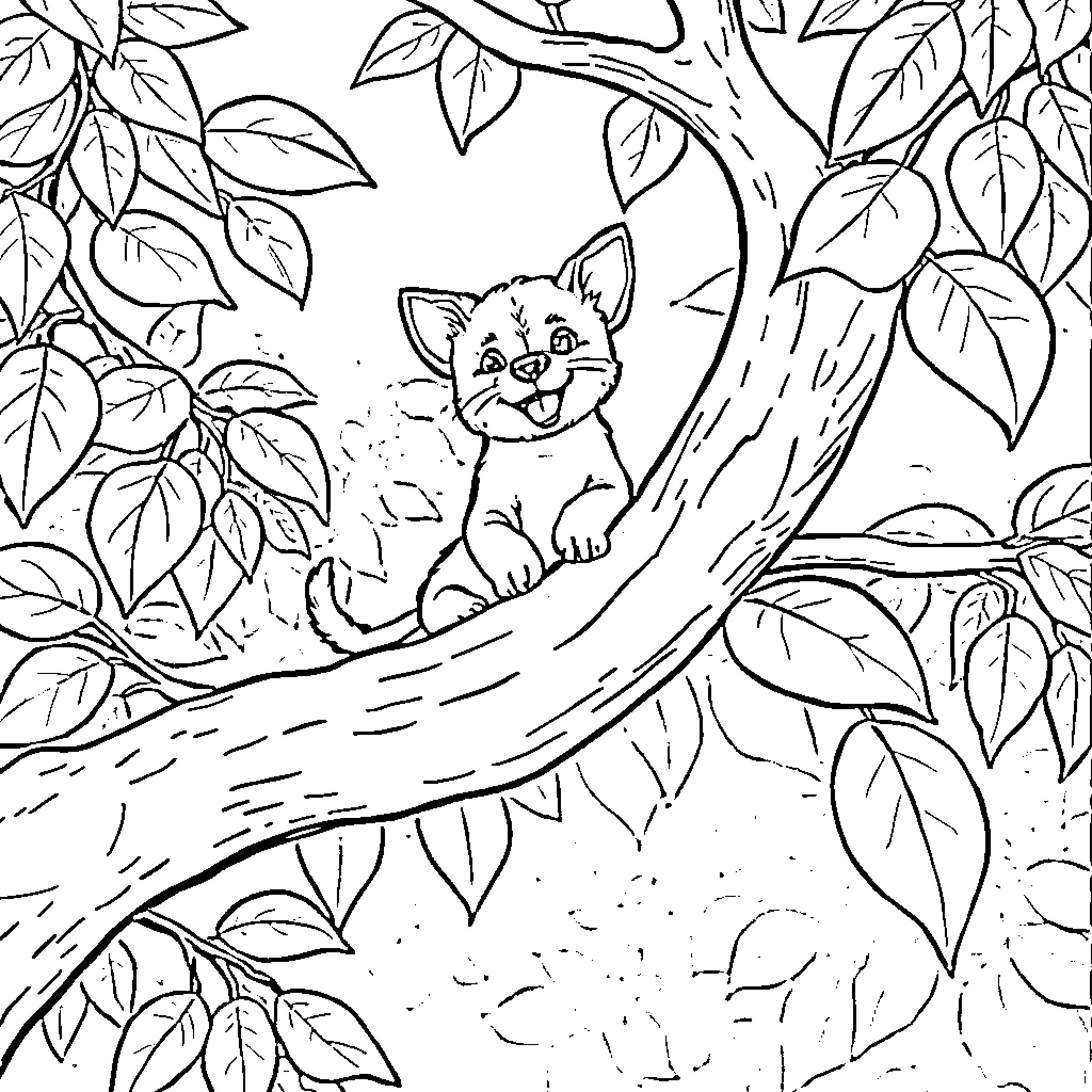 Dog peering out from tree leaves Coloring Page (free black-and-white line drawing printable PDF for all, from beginners to advanced learners, including children, teens, adults, and seniors)