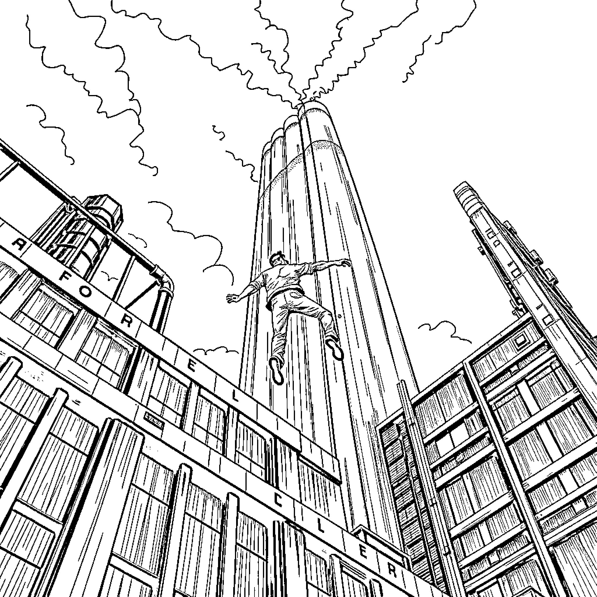 Man climbing up the towering industrial structure Coloring Page (free black-and-white line drawing printable PDF for all, from beginners to advanced learners, including children, teens, adults, and seniors)