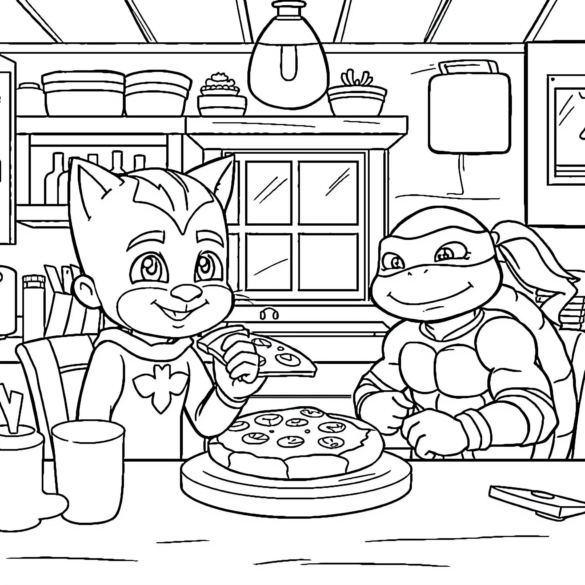 Cat Boy and Turtle Boy Enjoying Pizza Together Coloring Page (free black-and-white line drawing printable PDF for all, from beginners to advanced learners, including children, teens, adults, and seniors)