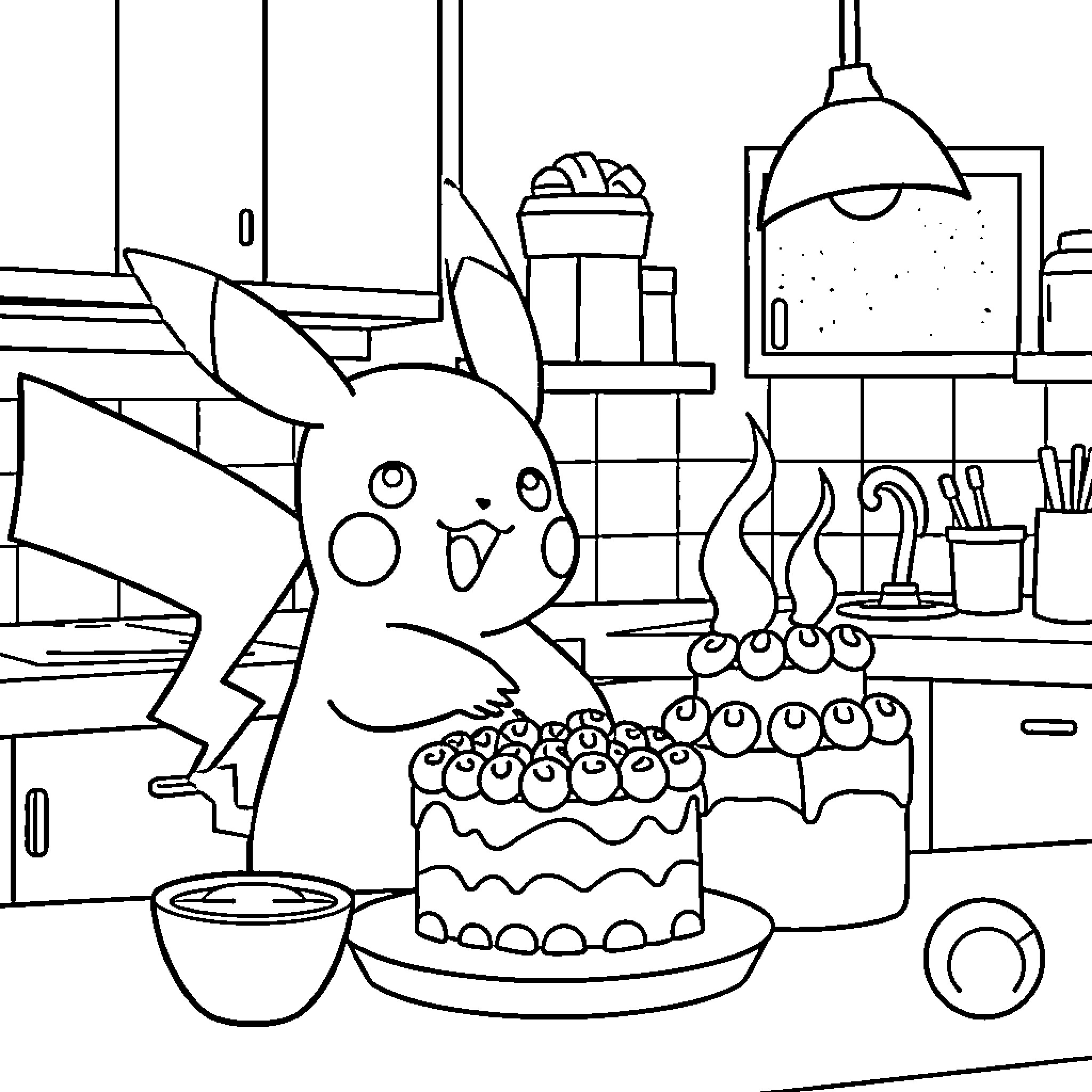 Pikachu Celebrates with Birthday Cake in Cozy Kitchen Coloring Page (free black-and-white line drawing printable PDF for all, from beginners to advanced learners, including children, teens, adults, and seniors)