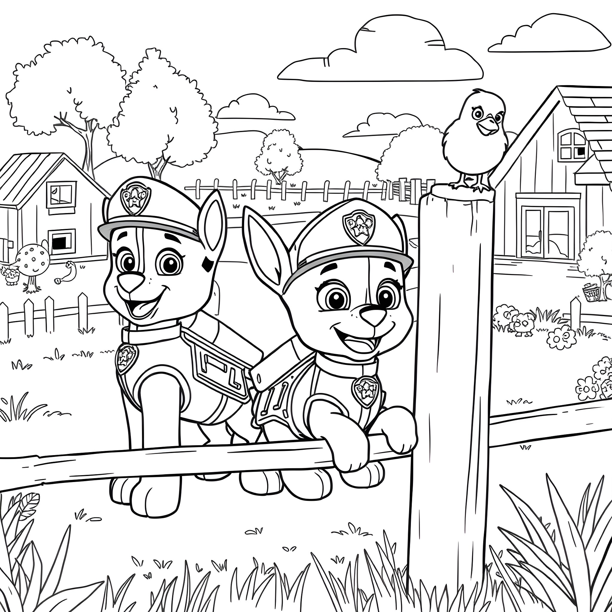 Paw Patrol pups on patrol in the neighborhood Coloring Page (free black-and-white line drawing printable PDF for all, from beginners to advanced learners, including children, teens, adults, and seniors)