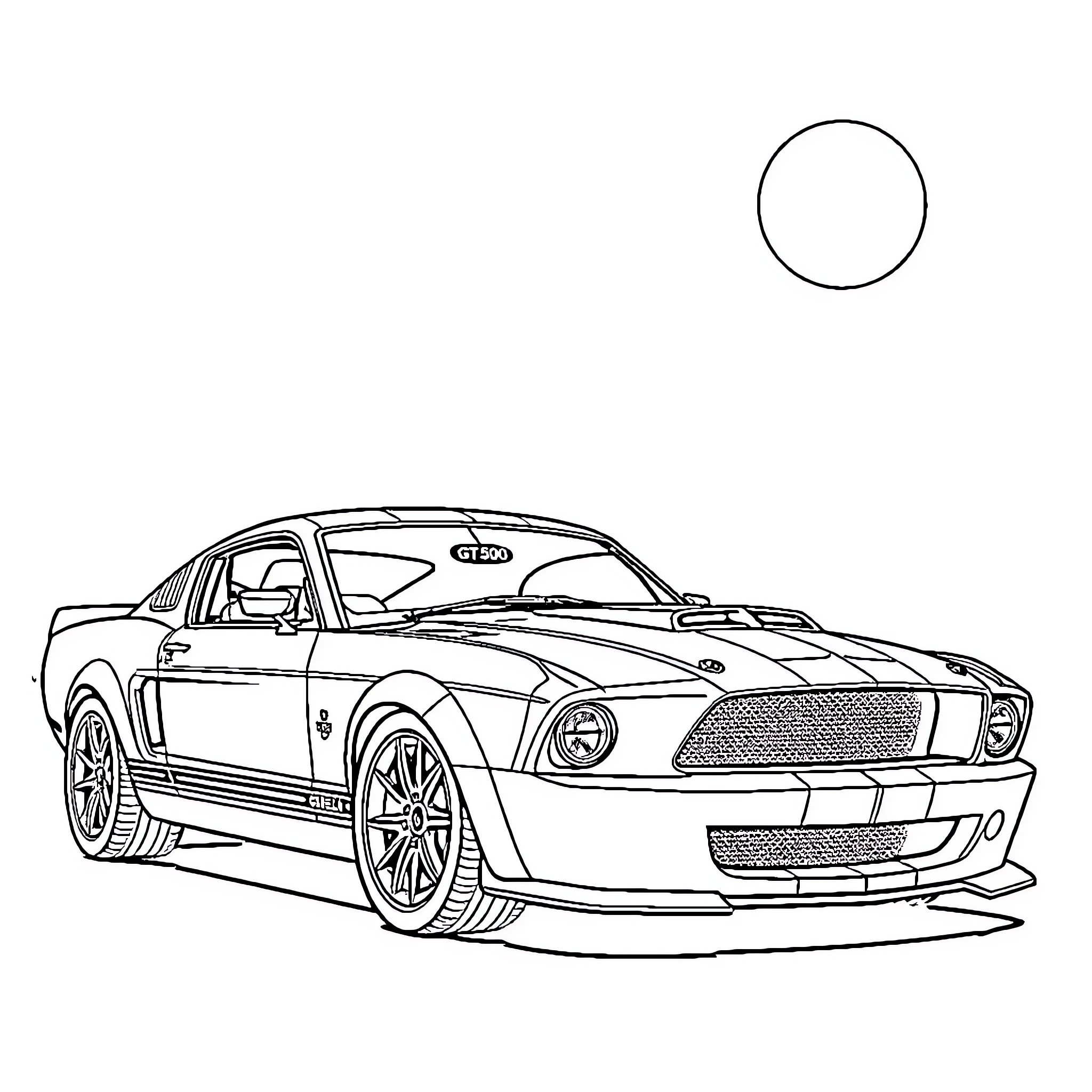 Shelby GT500 speeding down the road Coloring Page (free black-and-white line drawing printable PDF for all, from beginners to advanced learners, including children, teens, adults, and seniors)