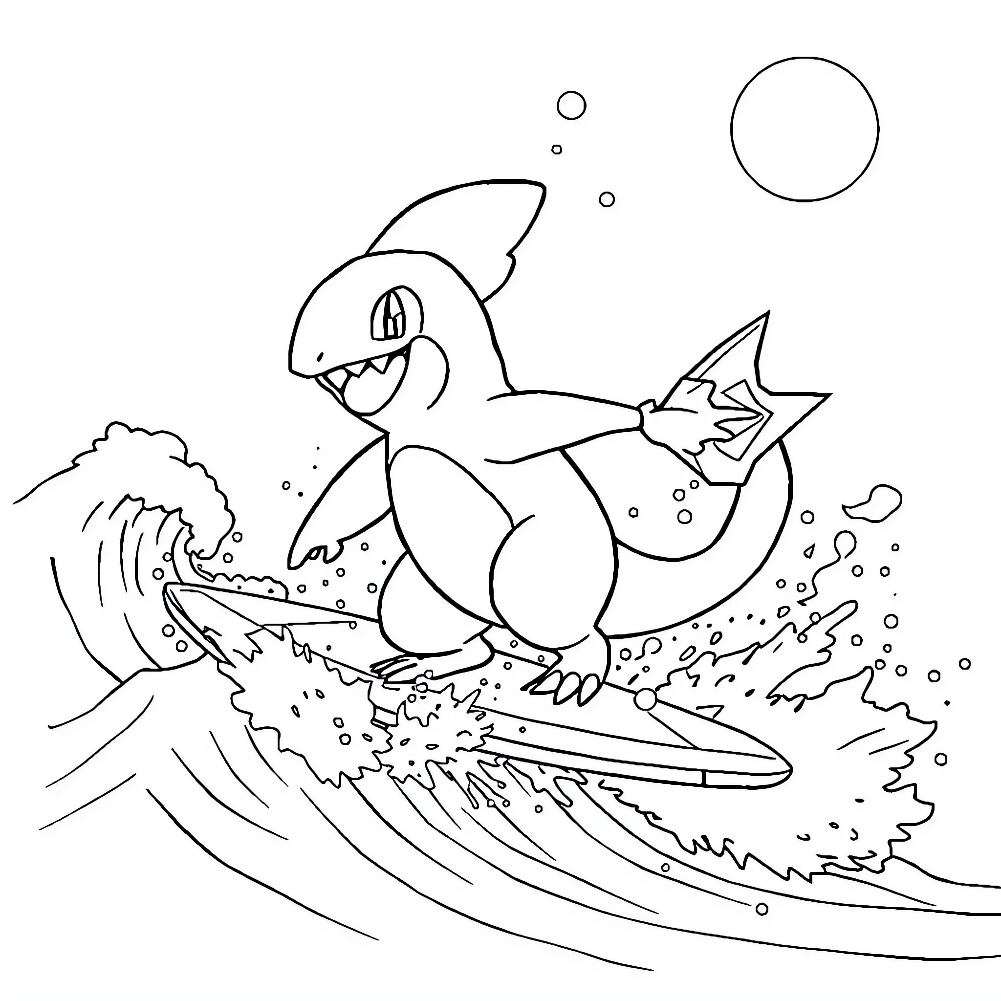 Pokémon surfing on a wave in the ocean Coloring Page (free black-and-white line drawing printable PDF for all, from beginners to advanced learners, including children, teens, adults, and seniors)