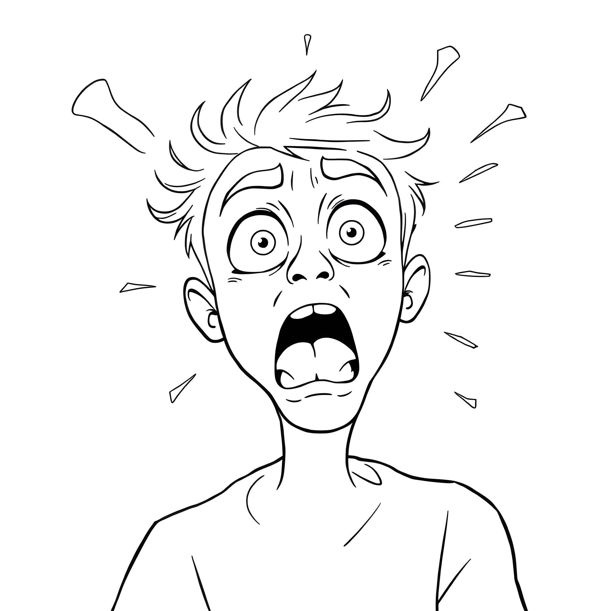 Ahhhhhh! Surprised and startled expression on a young man's face Coloring Page (free black-and-white line drawing printable PDF for all, from beginners to advanced learners, including children, teens, adults, and seniors)