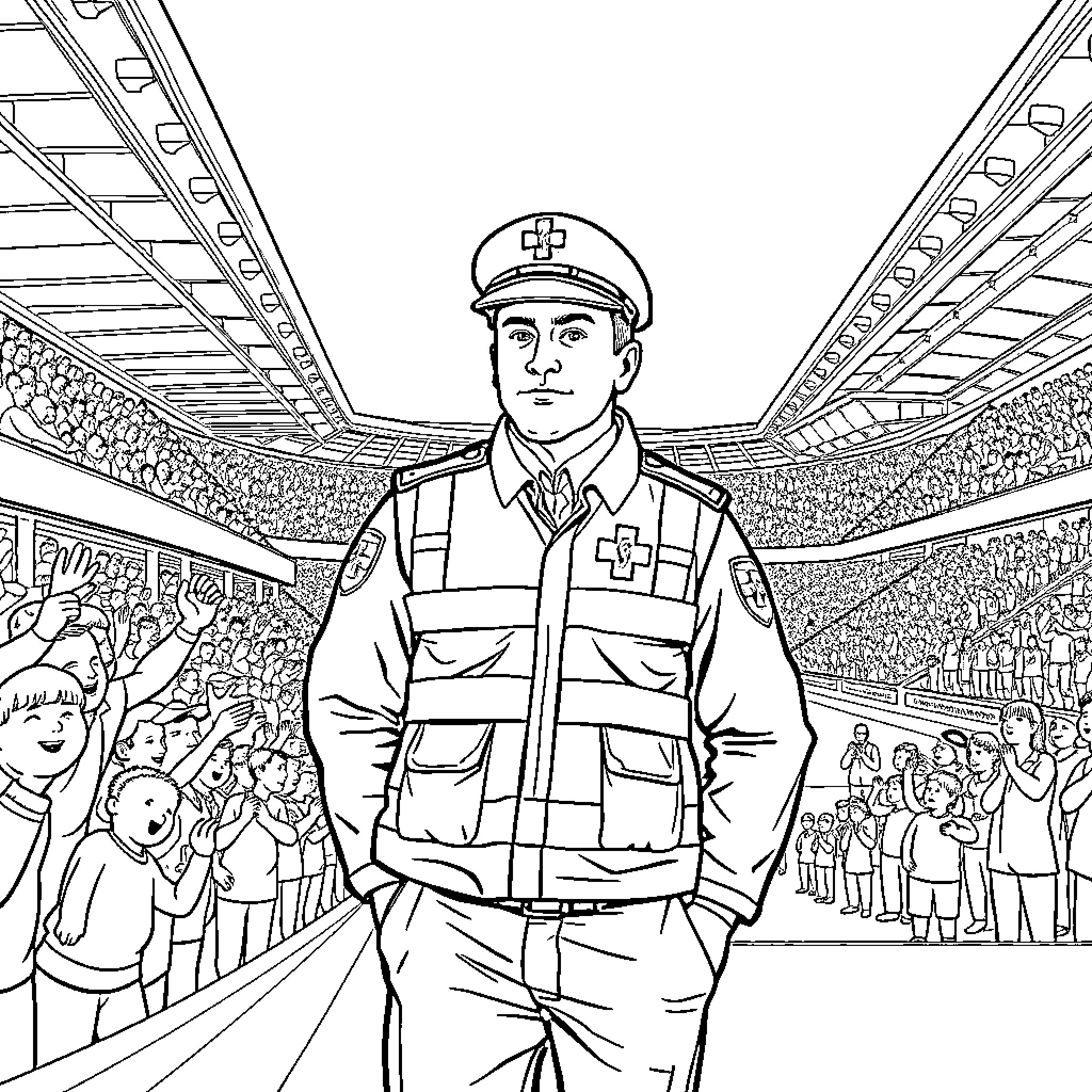 St. John Ambulance medic in crowd scene Coloring Page (free black-and-white line drawing printable PDF for all, from beginners to advanced learners, including children, teens, adults, and seniors)