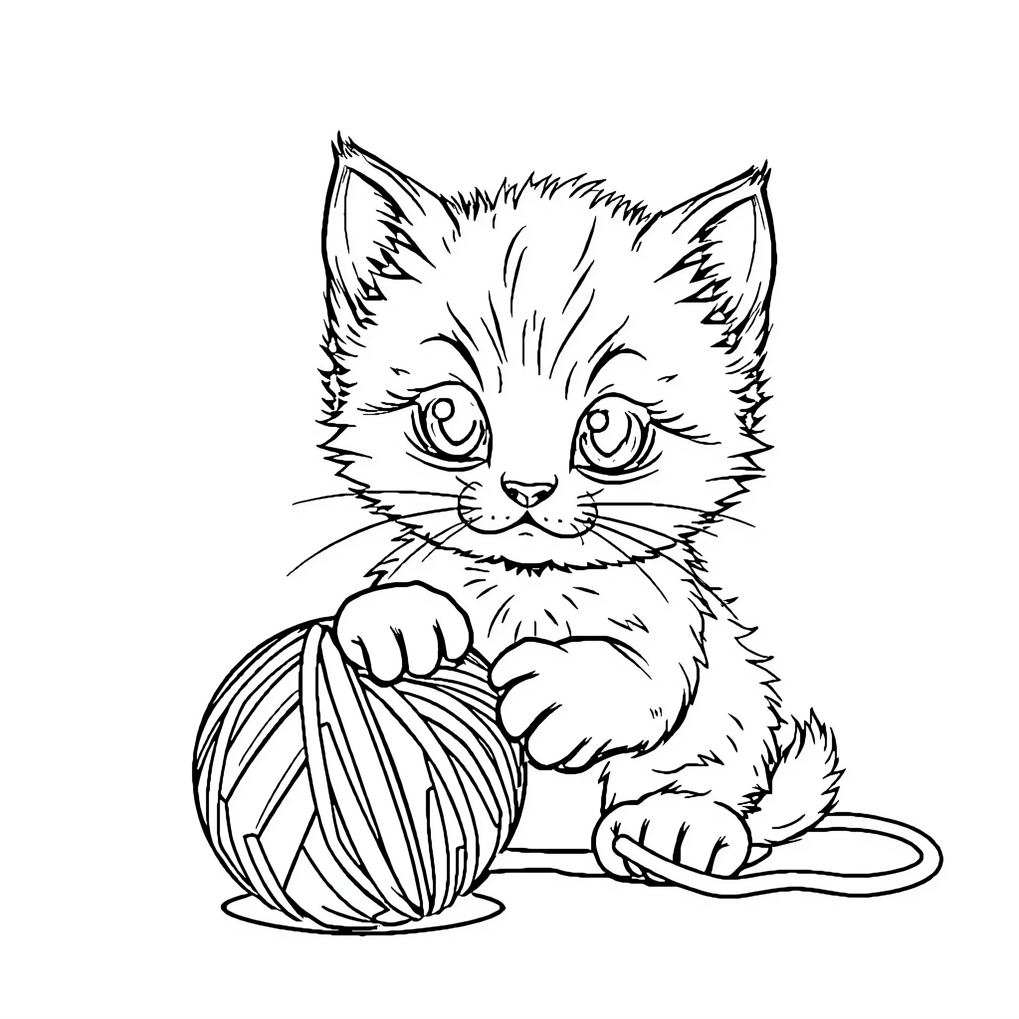 Kitten playing with a yarn ball Coloring Page (free black-and-white line drawing printable PDF for all, from beginners to advanced learners, including children, teens, adults, and seniors)