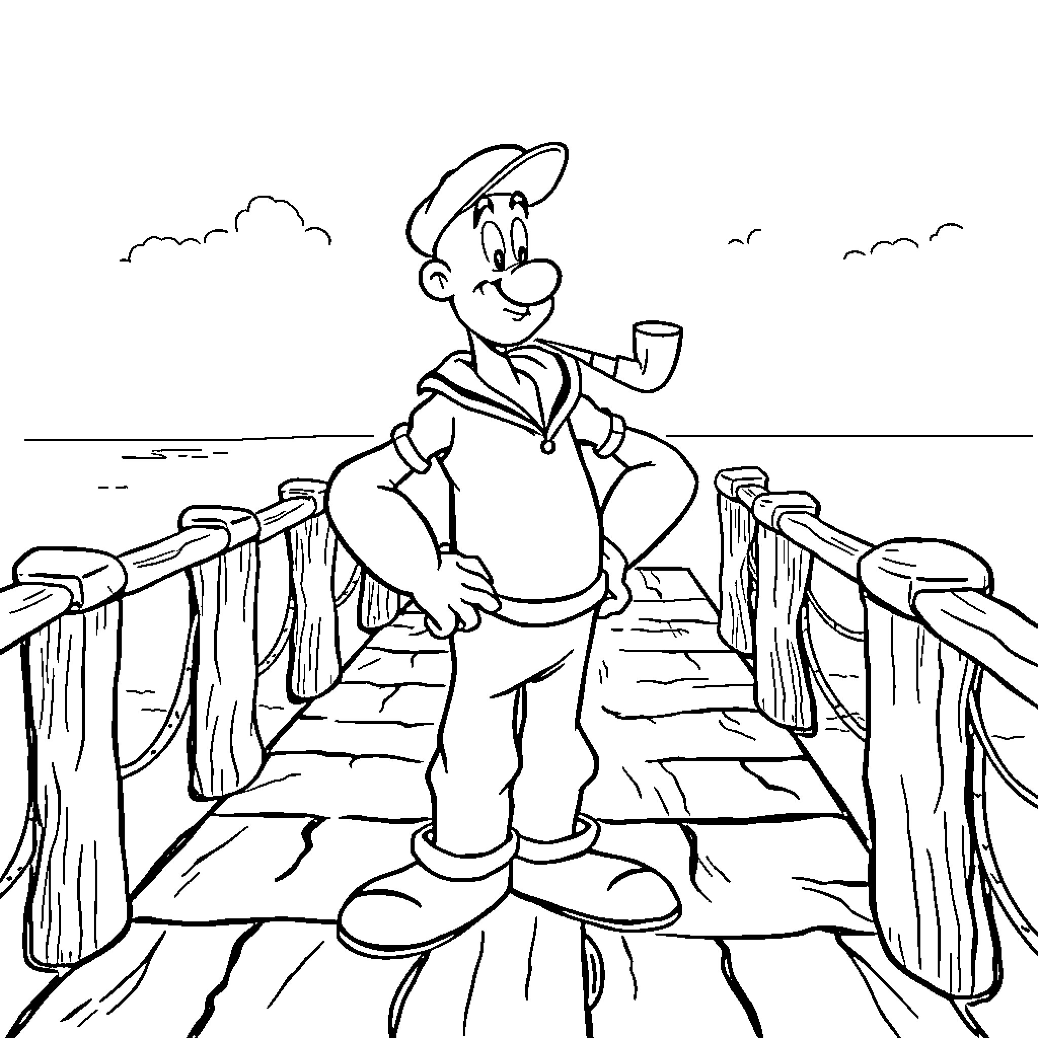 Popeye enjoying a pipe on a wooden bridge Coloring Page (free black-and-white line drawing printable PDF for all, from beginners to advanced learners, including children, teens, adults, and seniors)
