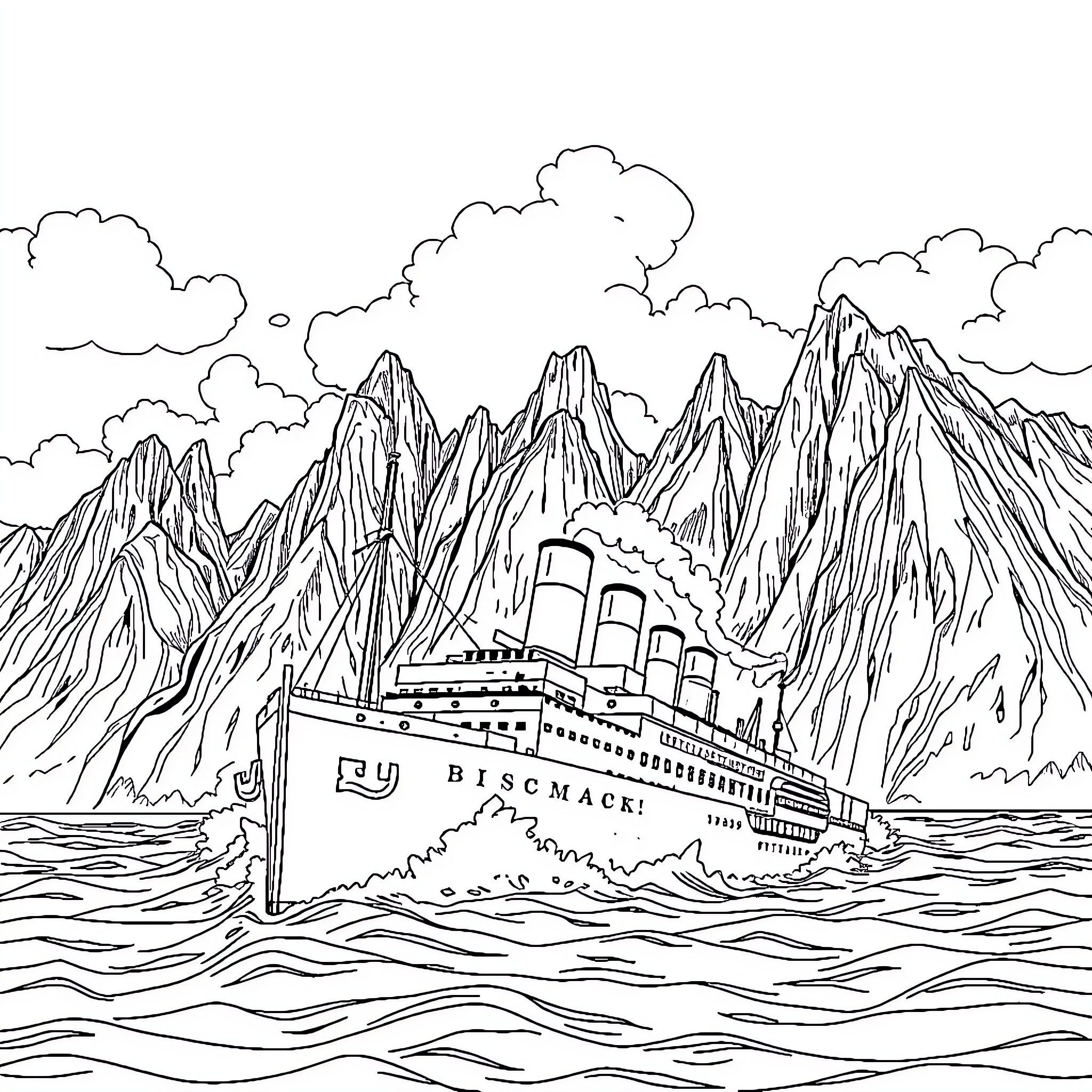 Titanic sailing through majestic mountains and turbulent waters Coloring Page (free black-and-white line drawing printable PDF for all, from beginners to advanced learners, including children, teens, adults, and seniors)