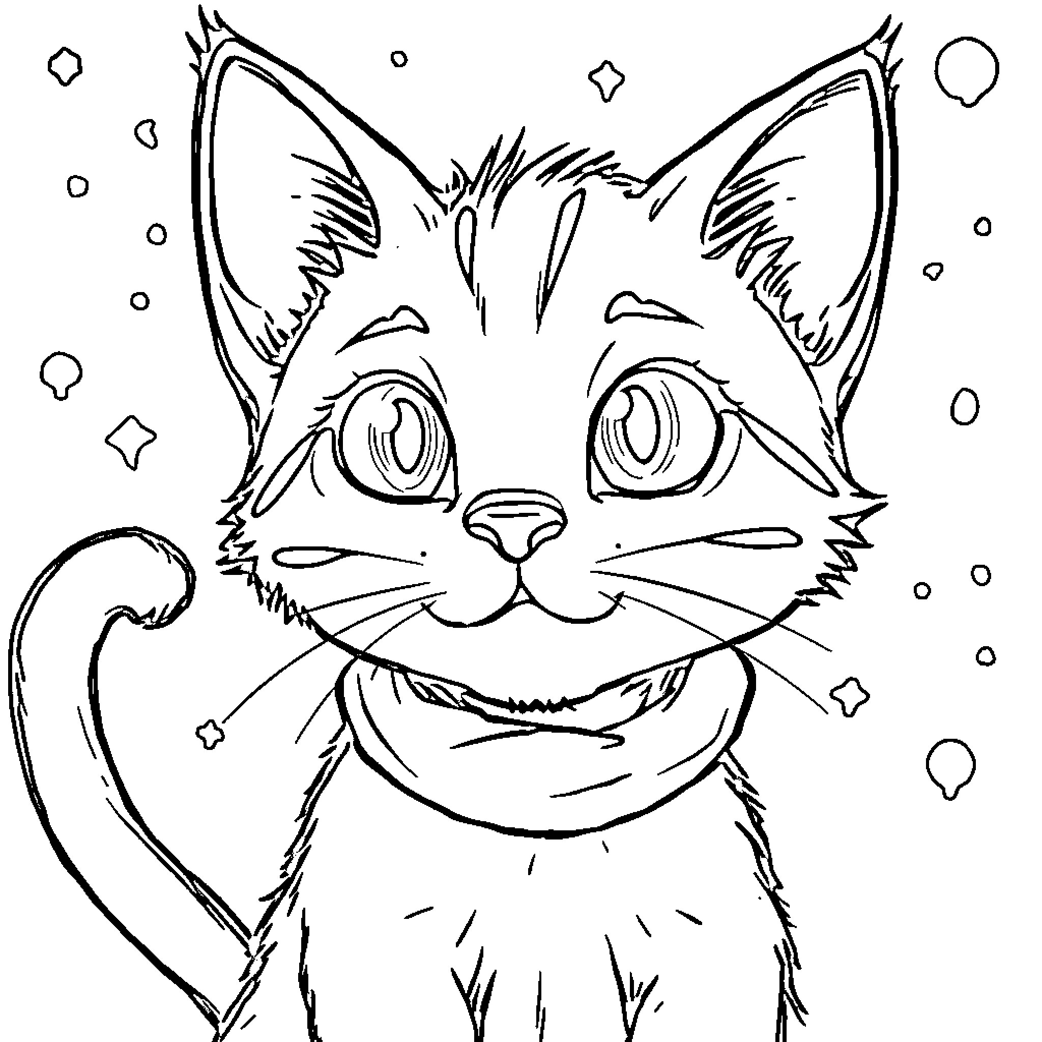 Max's Playful Feline Adventure Coloring Page (free black-and-white line drawing printable PDF for all, from beginners to advanced learners, including children, teens, adults, and seniors)