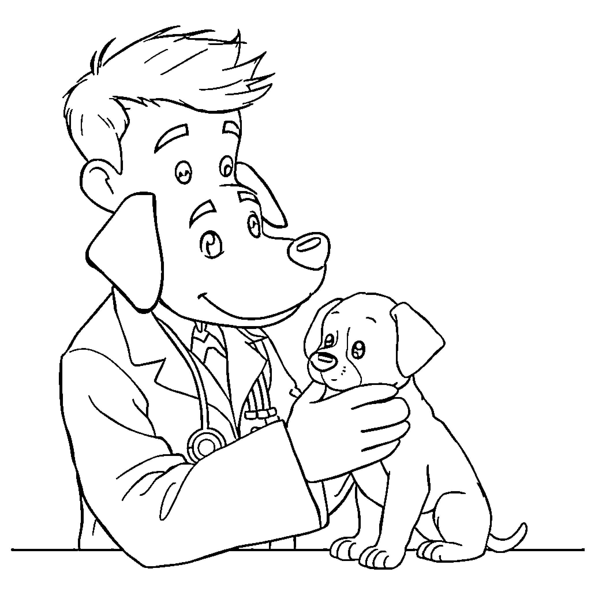 Veterinarian caring for a puppy Coloring Page (free black-and-white line drawing printable PDF for all, from beginners to advanced learners, including children, teens, adults, and seniors)