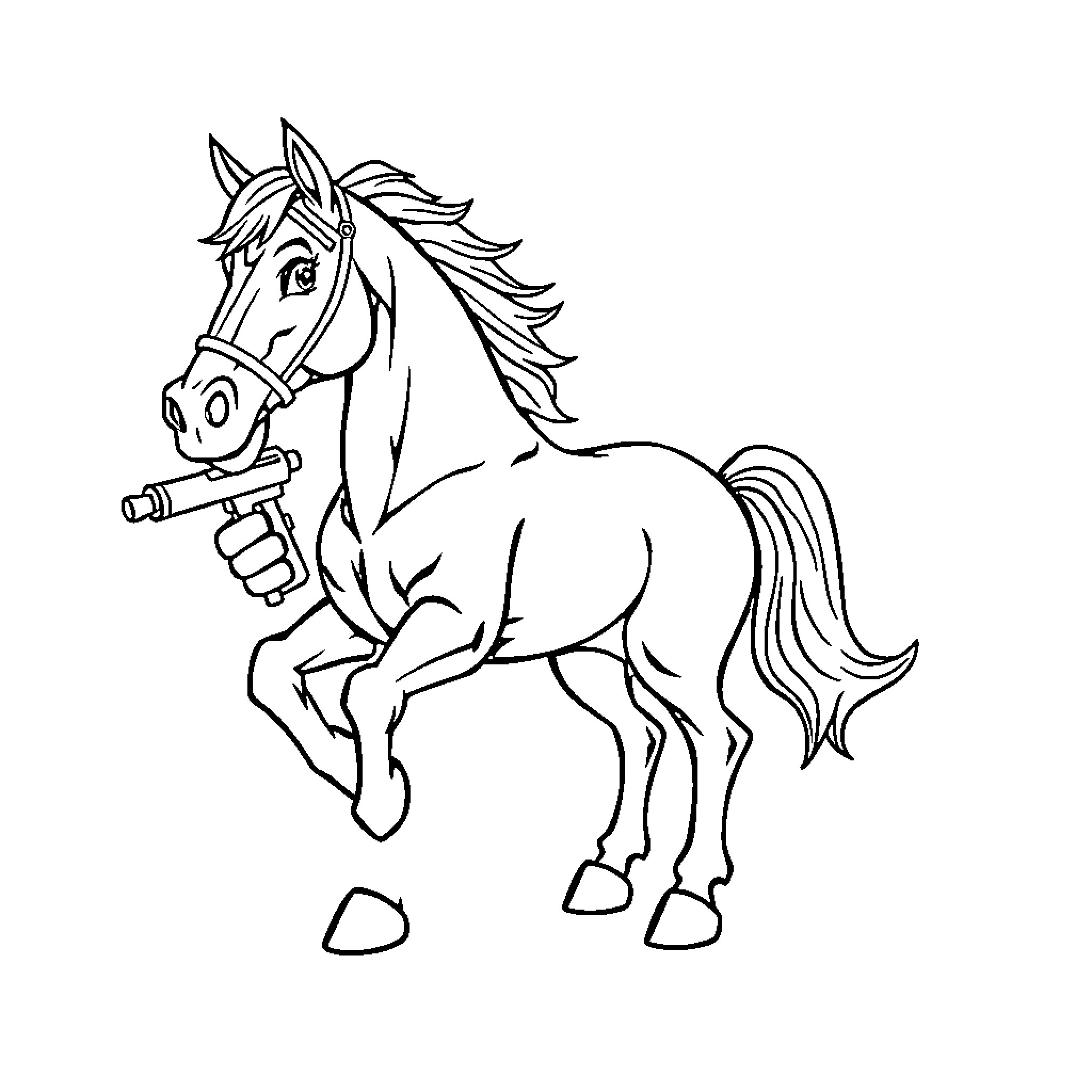 Horse riding a toy gun Coloring Page (free black-and-white line drawing printable PDF for all, from beginners to advanced learners, including children, teens, adults, and seniors)