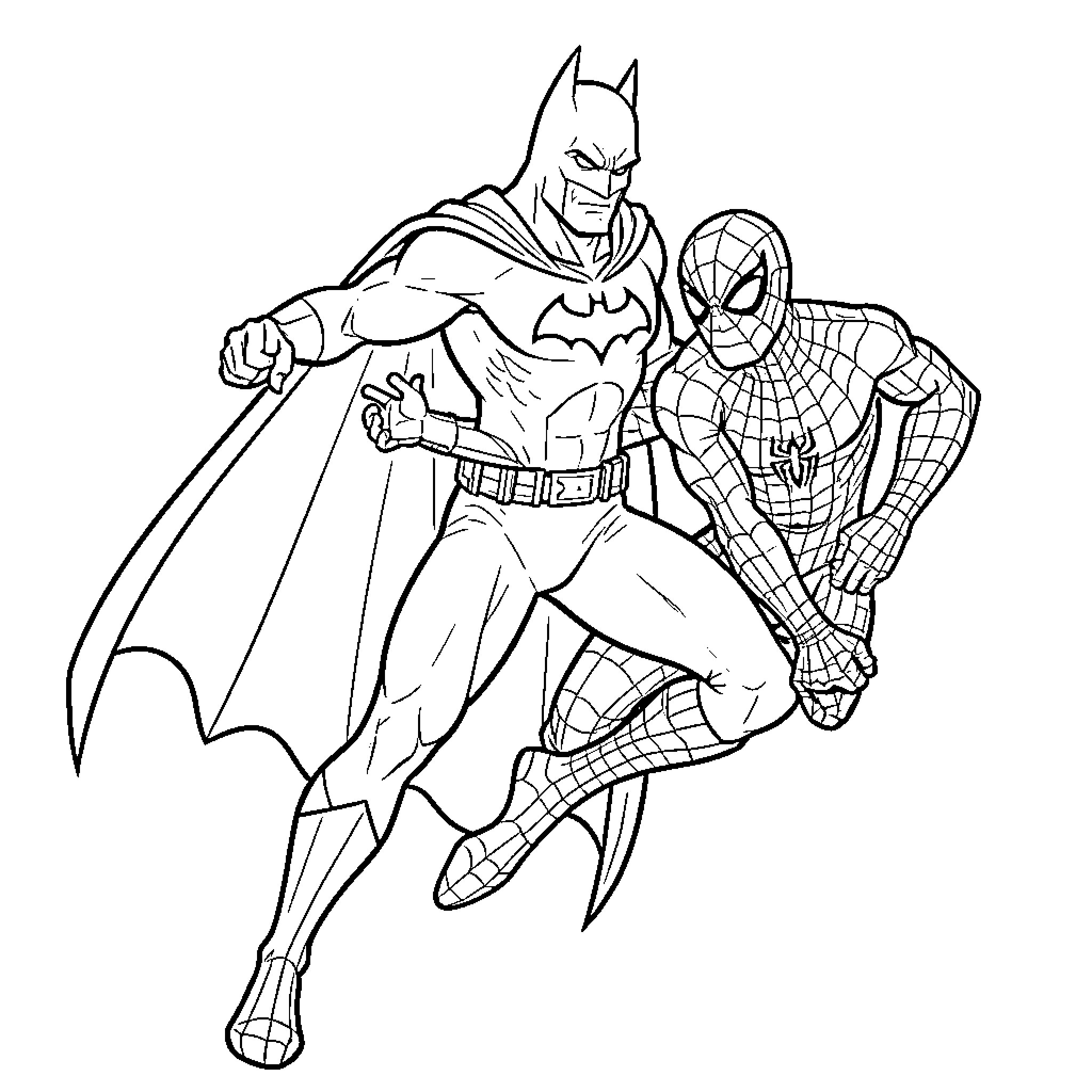 Batman Spider-Man team up adventure Coloring Page (free black-and-white line drawing printable PDF for all, from beginners to advanced learners, including children, teens, adults, and seniors)