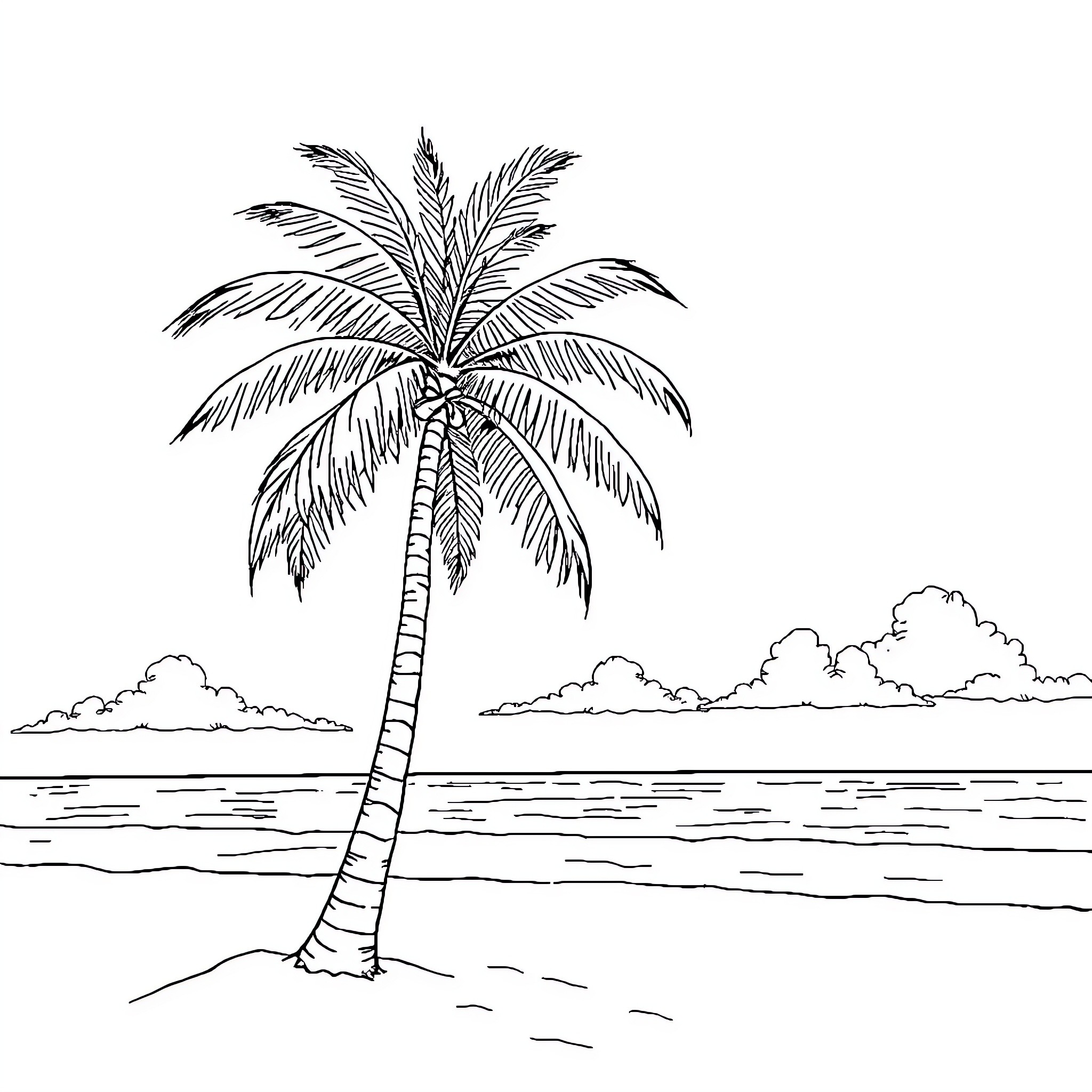 Palm Tree on a Tropical Beach Coloring Page (free black-and-white line drawing printable PDF for all, from beginners to advanced learners, including children, teens, adults, and seniors)