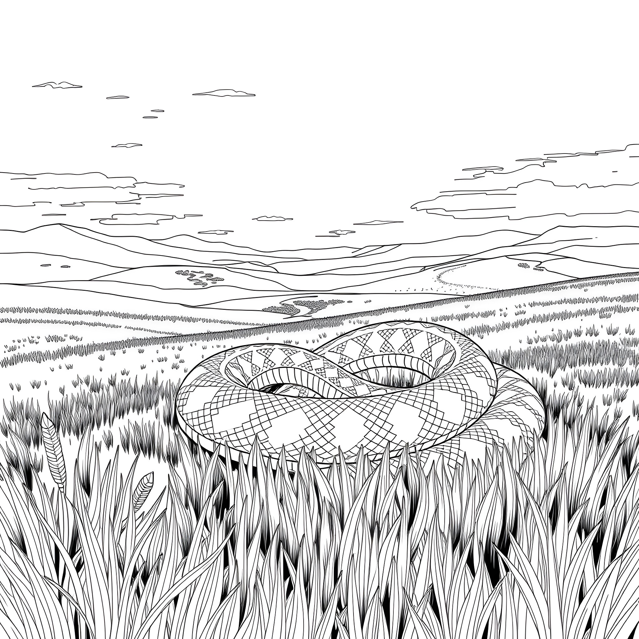 Bothriechis Schlegelii slithering through the tall grass Coloring Page (free black-and-white line drawing printable PDF for all, from beginners to advanced learners, including children, teens, adults, and seniors)