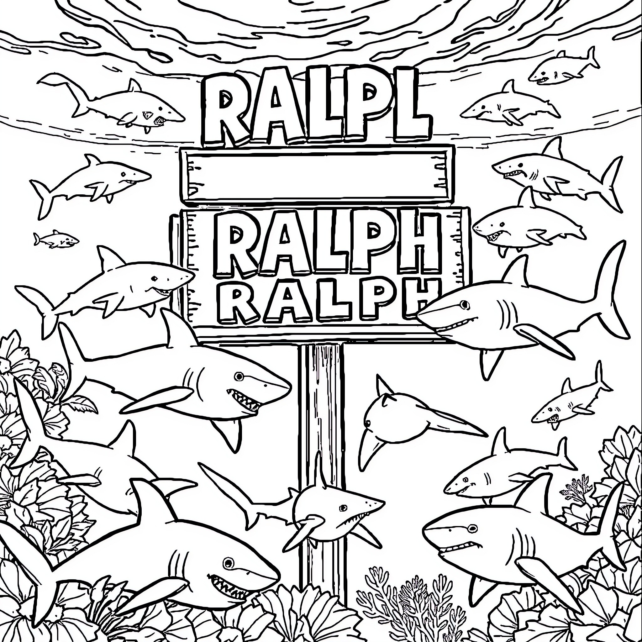 Shark-themed sign with sharks swimming around Coloring Page (free black-and-white line drawing printable PDF for all, from beginners to advanced learners, including children, teens, adults, and seniors)