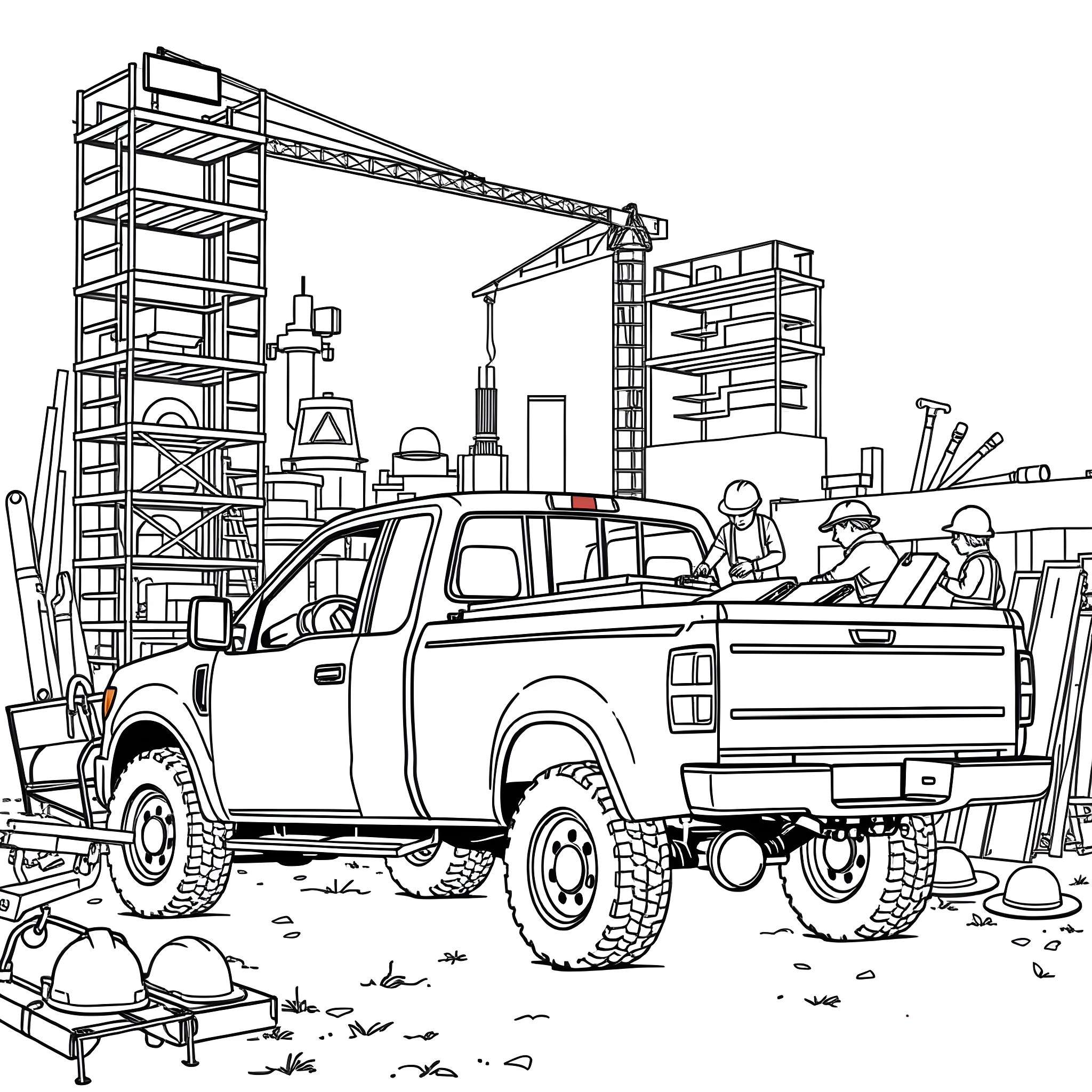 Pickup Truck Transporting Workers and Tools at Construction Site Coloring Page (free black-and-white line drawing printable PDF for all, from beginners to advanced learners, including children, teens, adults, and seniors)
