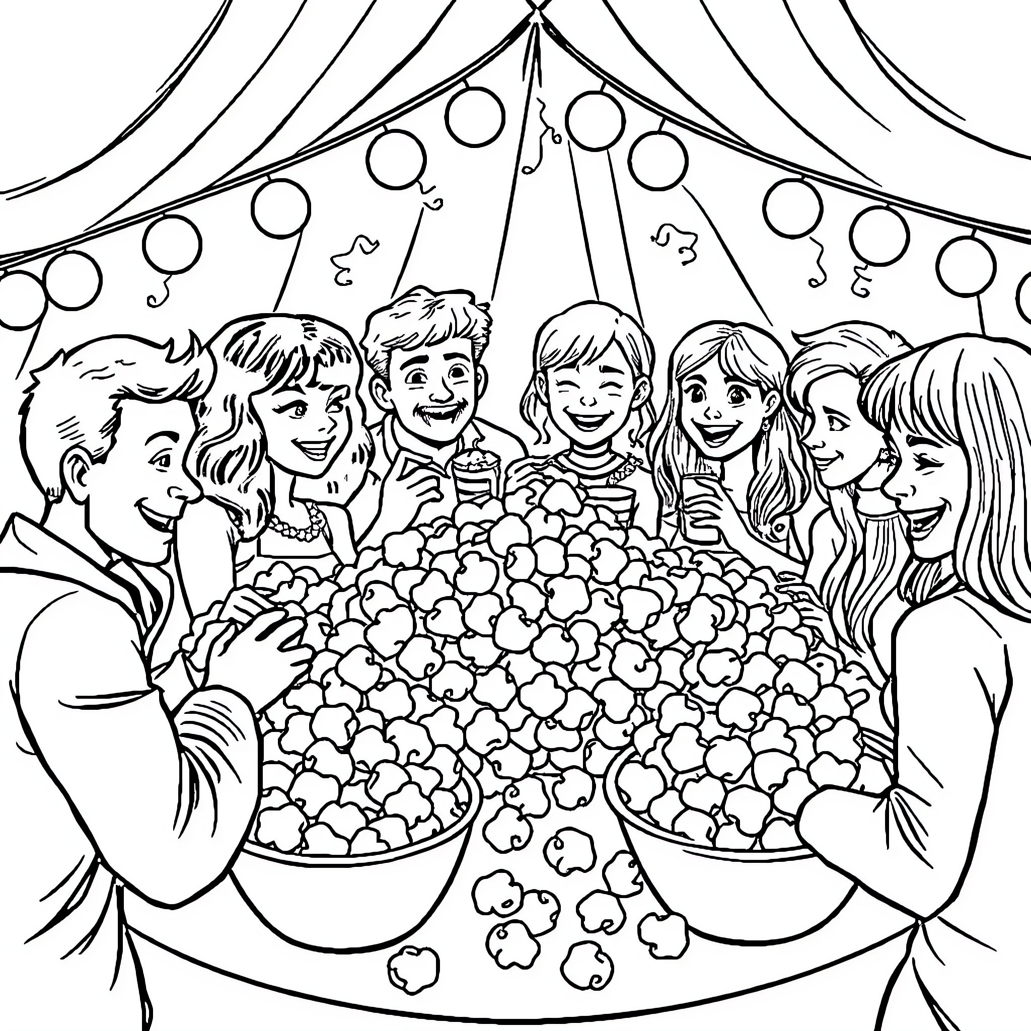 Popcorn Fun at the Circus Tent Coloring Page (free black-and-white line drawing printable PDF for all, from beginners to advanced learners, including children, teens, adults, and seniors)