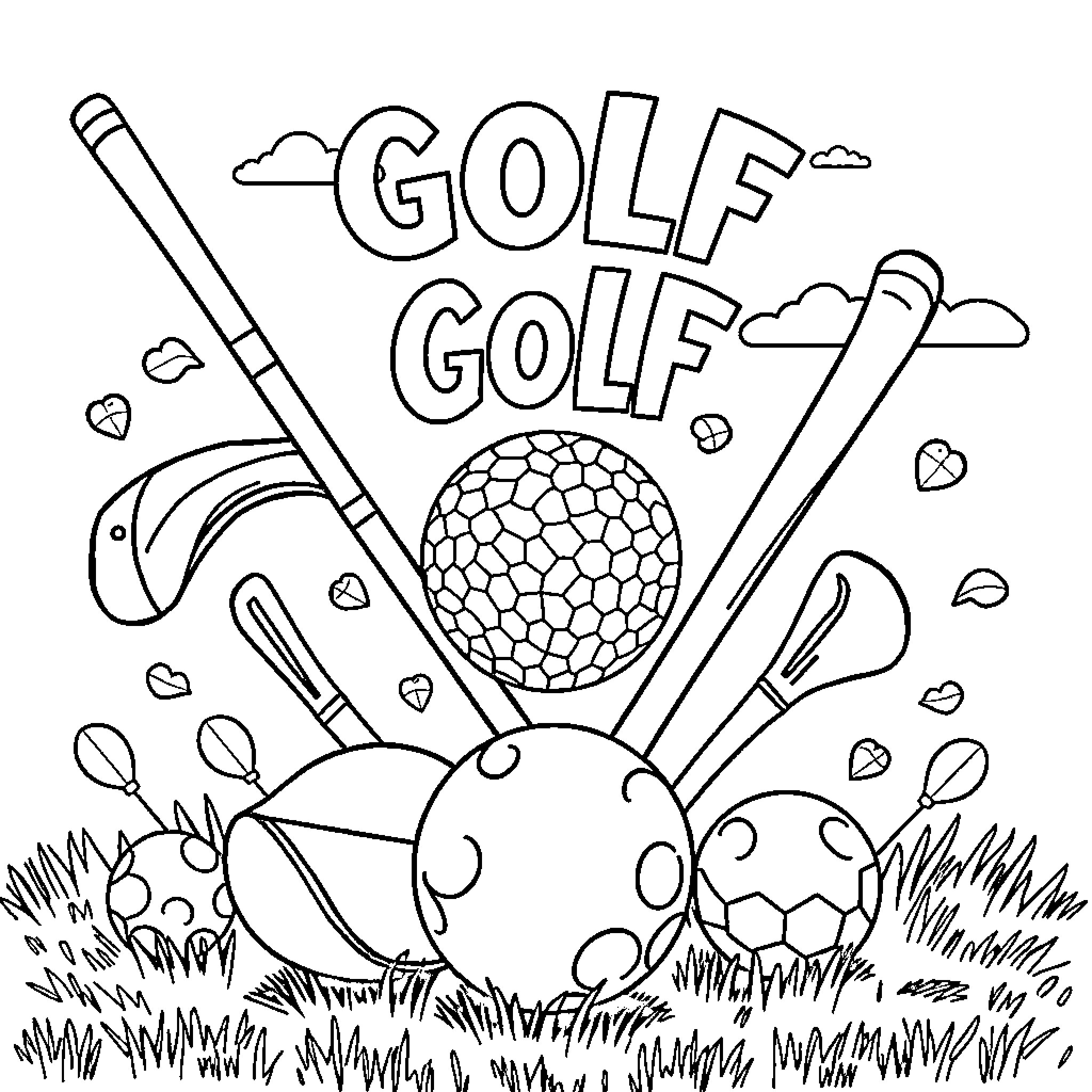 Golf equipment and balls on grassy field Coloring Page (free black-and-white line drawing printable PDF for all, from beginners to advanced learners, including children, teens, adults, and seniors)