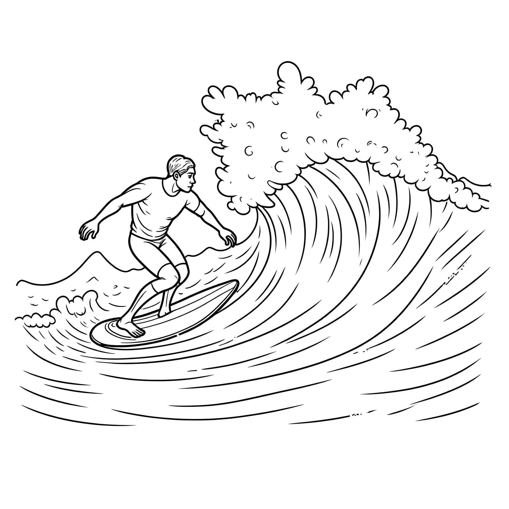 Wave of Adventure: Surfer Riding Epic Waves Coloring Page (free black-and-white line drawing printable PDF for all, from beginners to advanced learners, including children, teens, adults, and seniors)