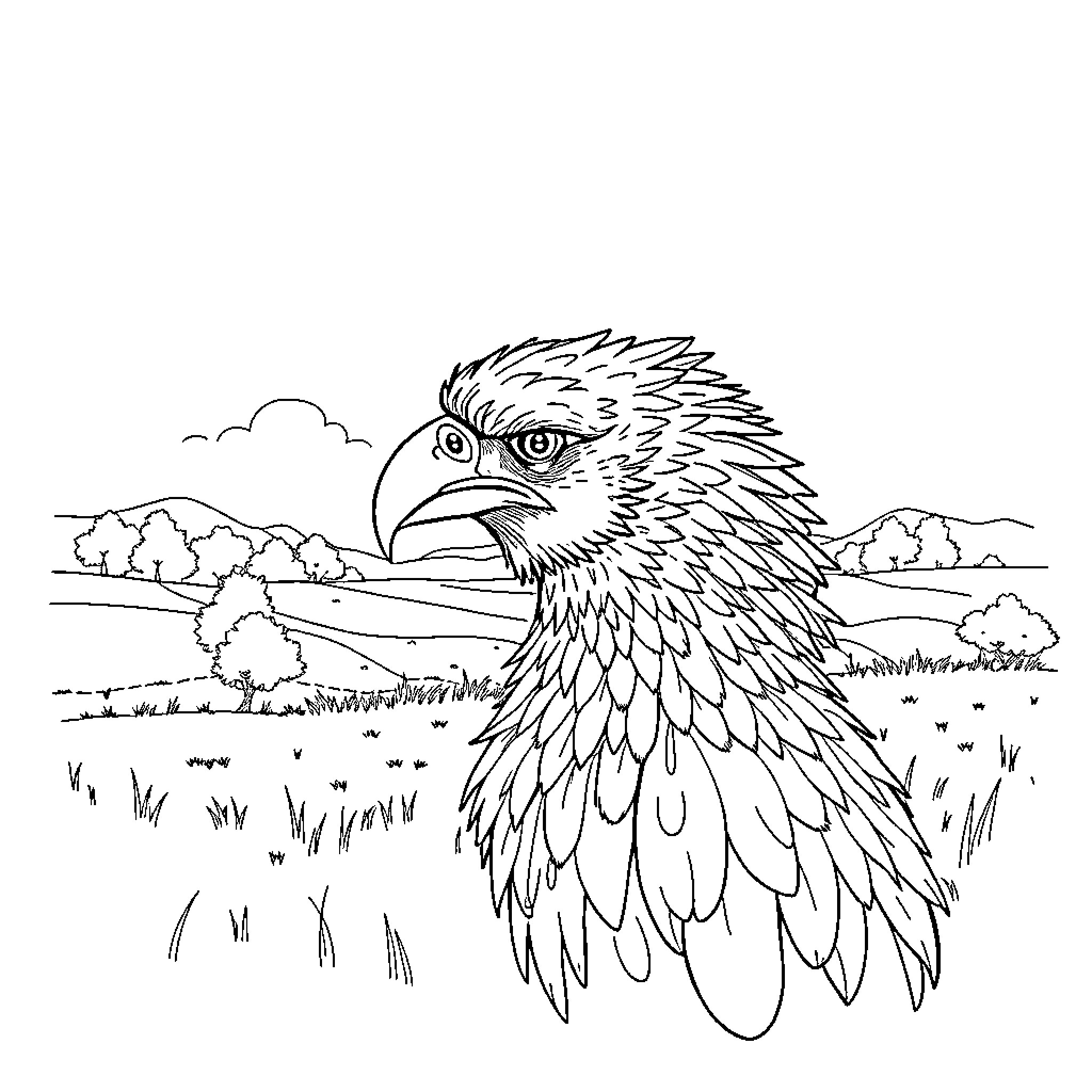 Ostrich with feathers in a grassy field Coloring Page (free black-and-white line drawing printable PDF for all, from beginners to advanced learners, including children, teens, adults, and seniors)