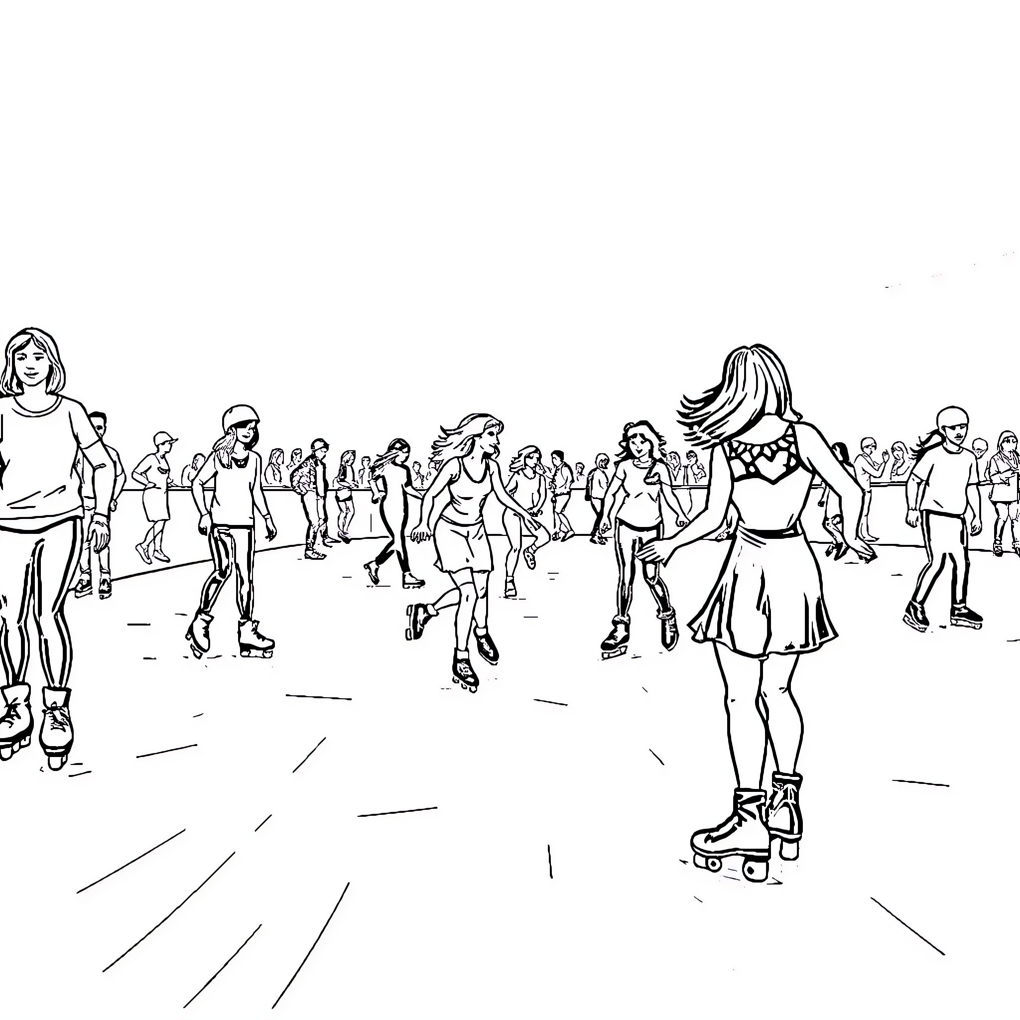 Roller Skating Crowd Enjoying the Outdoor Rink Coloring Page (free black-and-white line drawing printable PDF for all, from beginners to advanced learners, including children, teens, adults, and seniors)