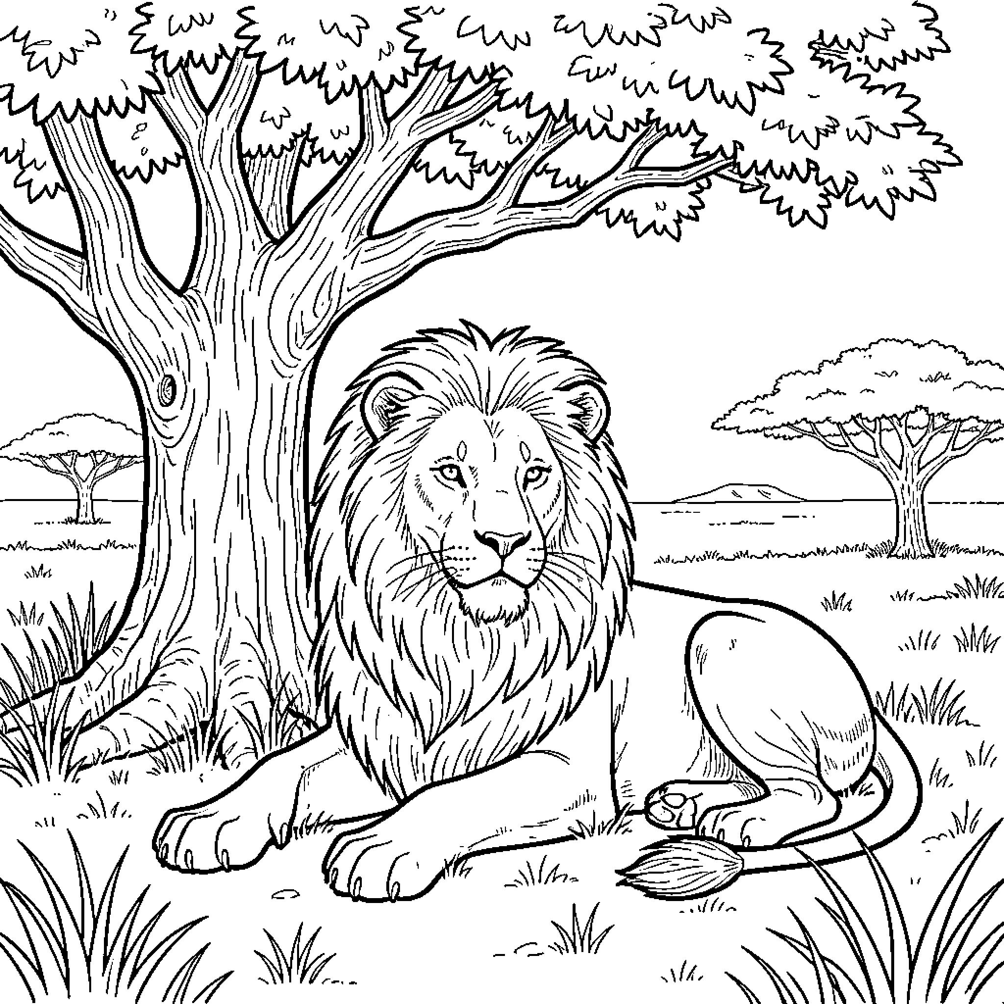 Lion resting in lush African wilderness Coloring Page (free black-and-white line drawing printable PDF for all, from beginners to advanced learners, including children, teens, adults, and seniors)