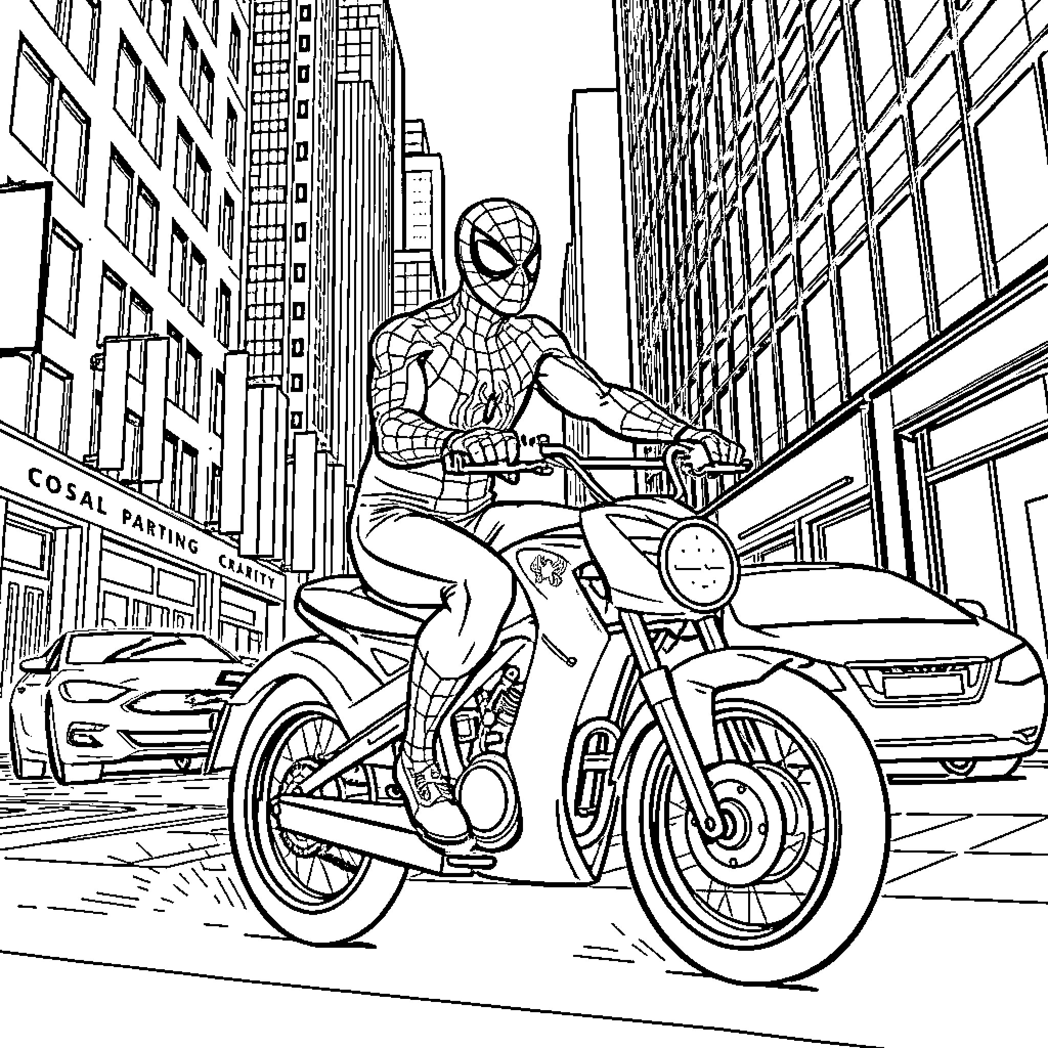 Spider-Man rides motorcycle through city streets Coloring Page (free black-and-white line drawing printable PDF for all, from beginners to advanced learners, including children, teens, adults, and seniors)