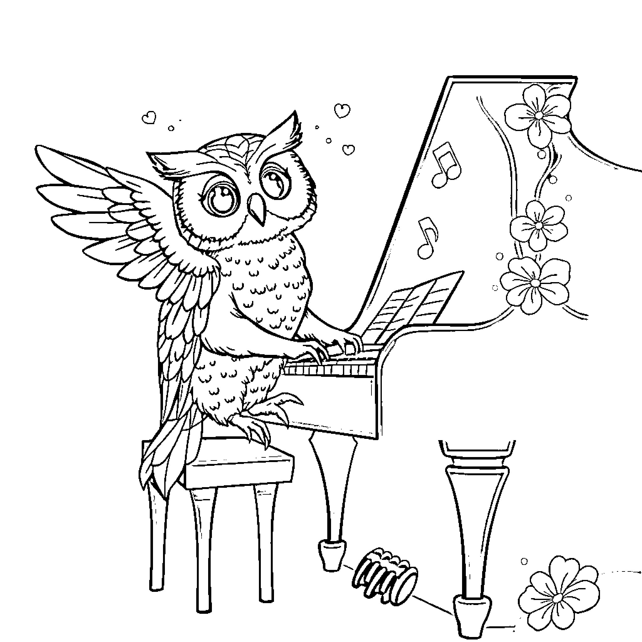 Owl playing piano and surrounded by flowers Coloring Page (free black-and-white line drawing printable PDF for all, from beginners to advanced learners, including children, teens, adults, and seniors)