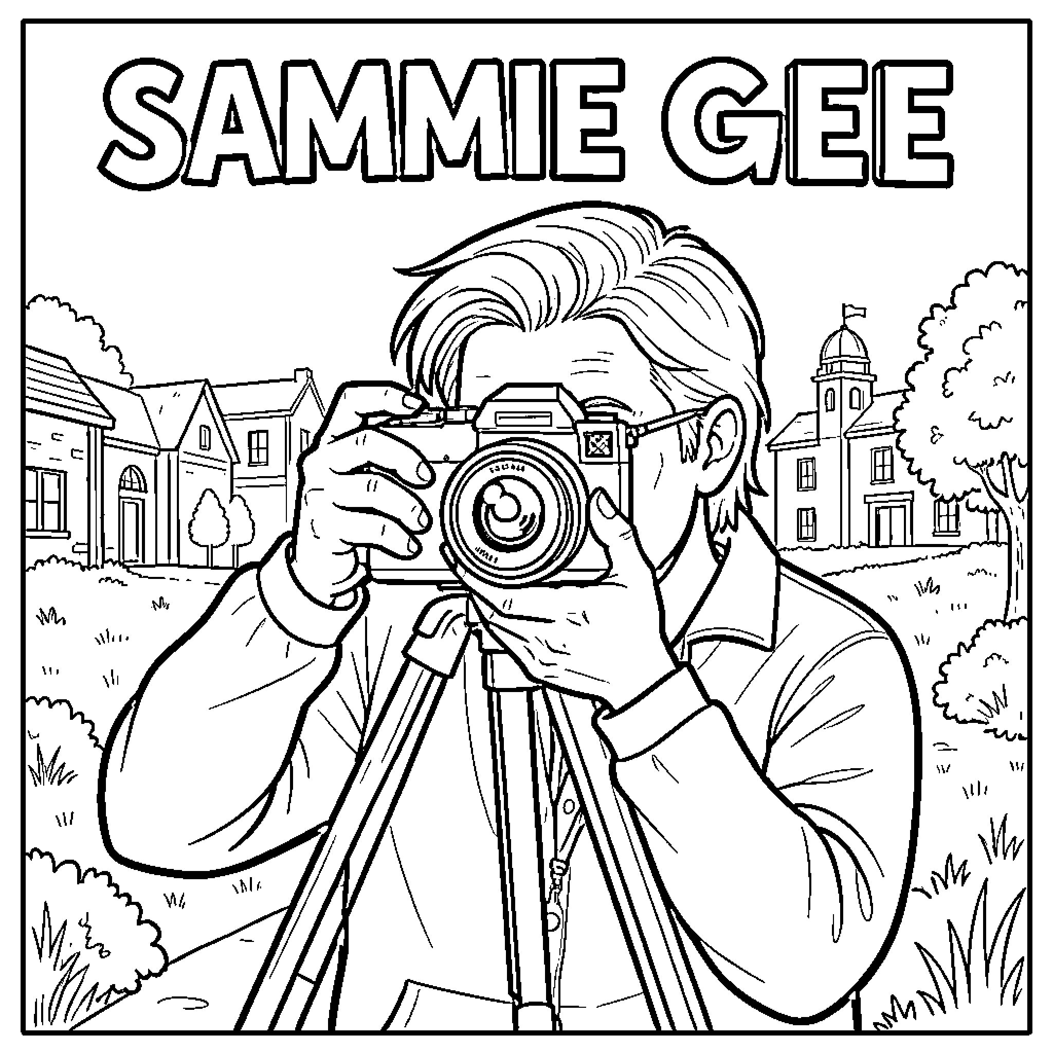 Sammie taking photos with a camera on a tripod Coloring Page (free black-and-white line drawing printable PDF for all, from beginners to advanced learners, including children, teens, adults, and seniors)