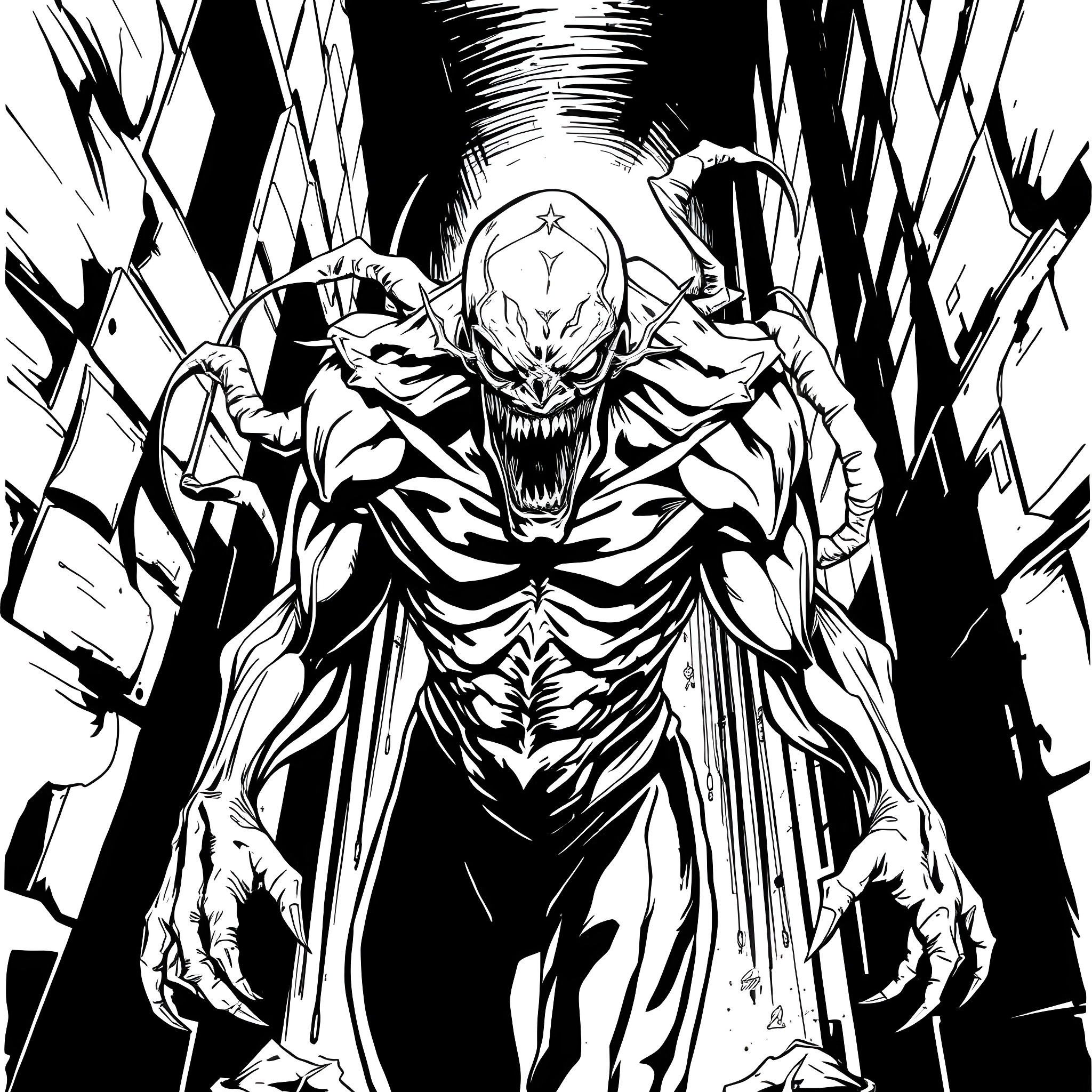 Bizarnage: Terrifying Monstrosity Unleashes Chaos Coloring Page (free black-and-white line drawing printable PDF for all, from beginners to advanced learners, including children, teens, adults, and seniors)